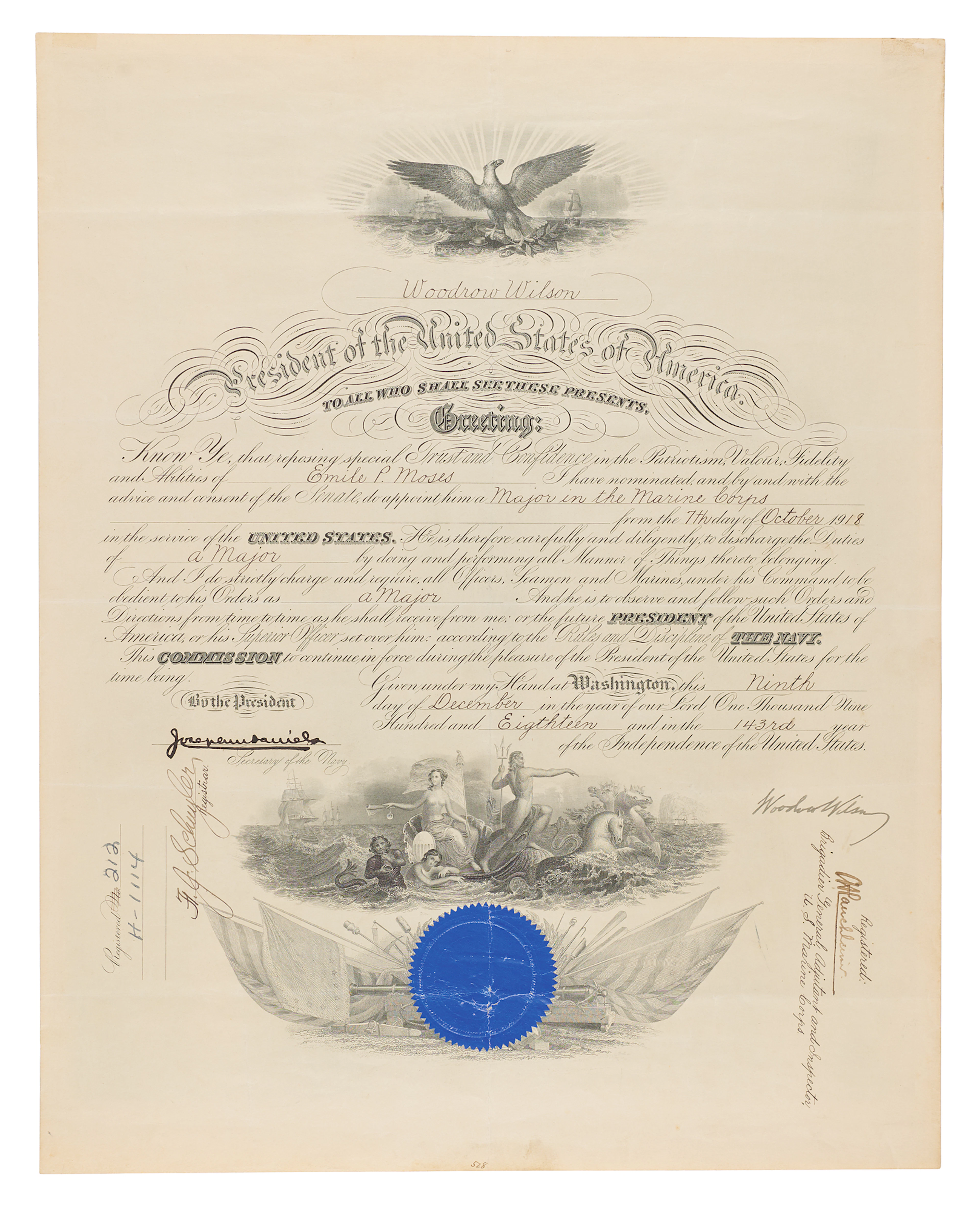 Woodrow Wilson Document Signed as President, Appointing a Major in