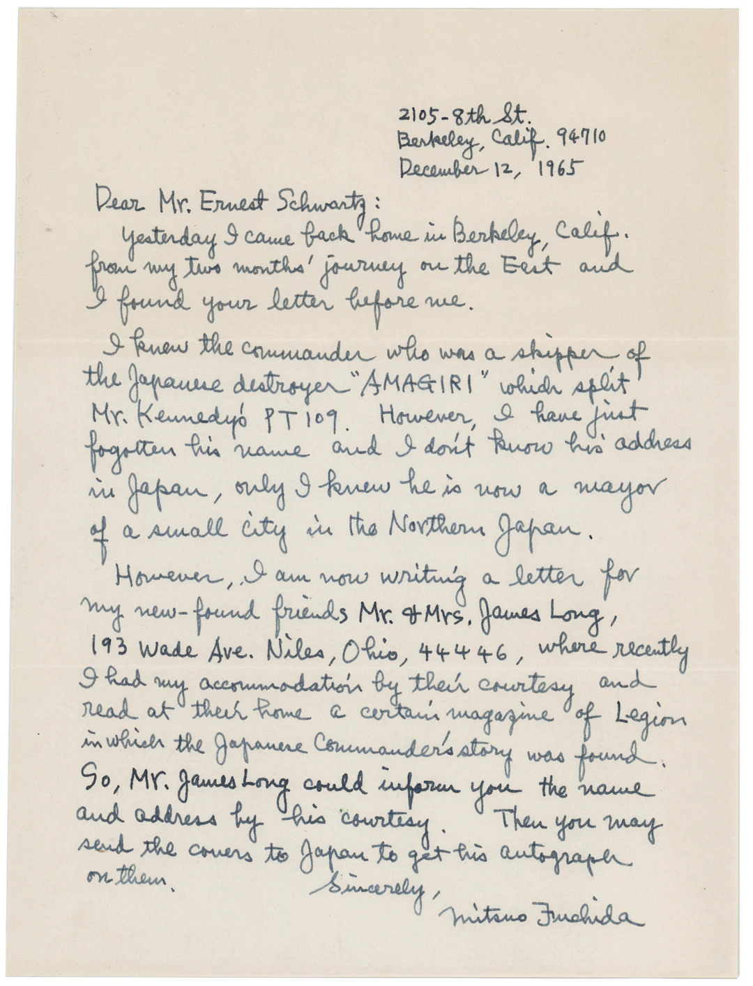 Mitsuo Fuchida Autograph Letter Signed: "I knew the commander who