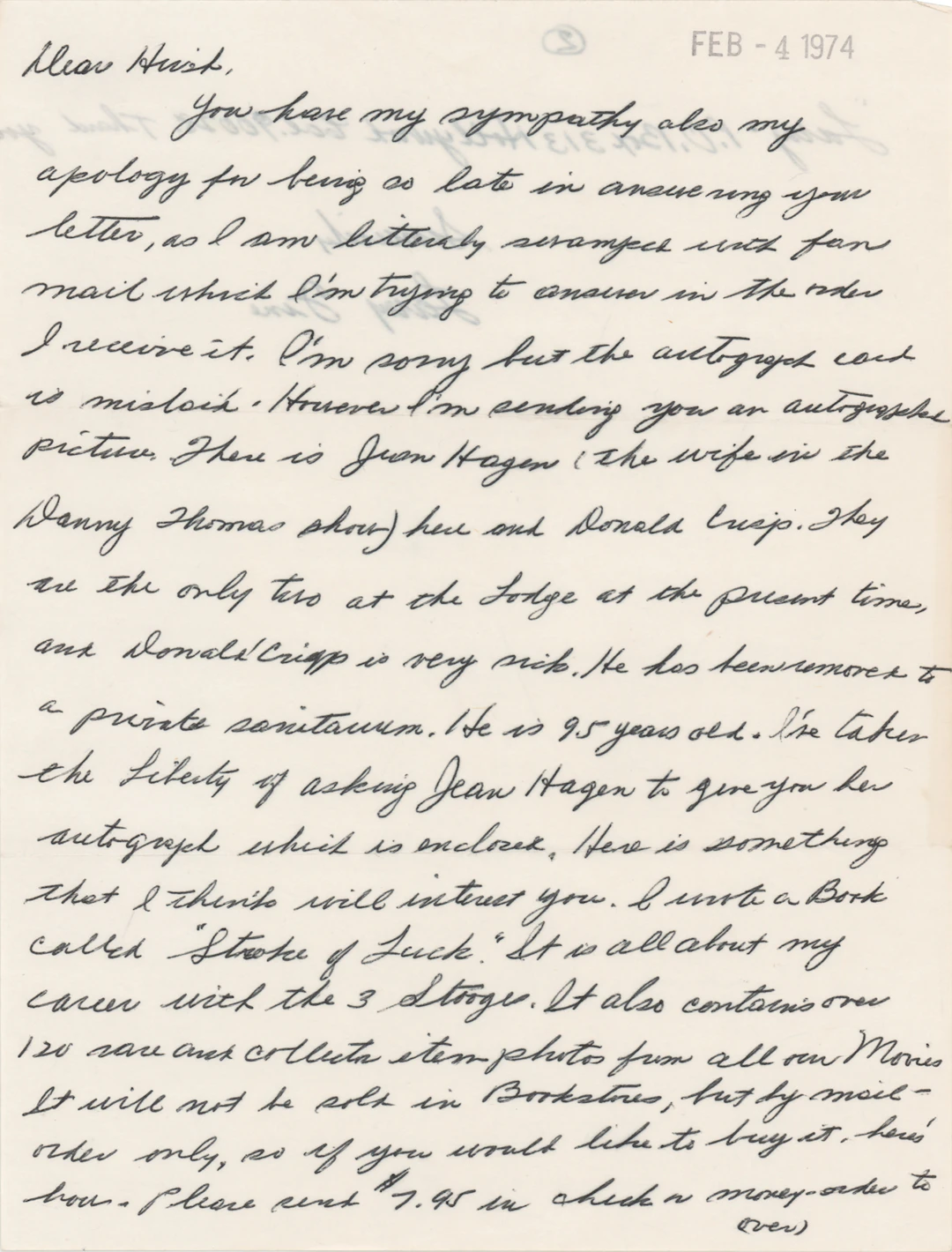 Three Stooges: Larry Fine Autograph Letter Signed