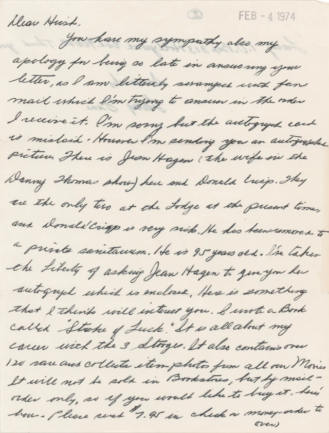 Three Stooges: Larry Fine Autograph Letter Signed