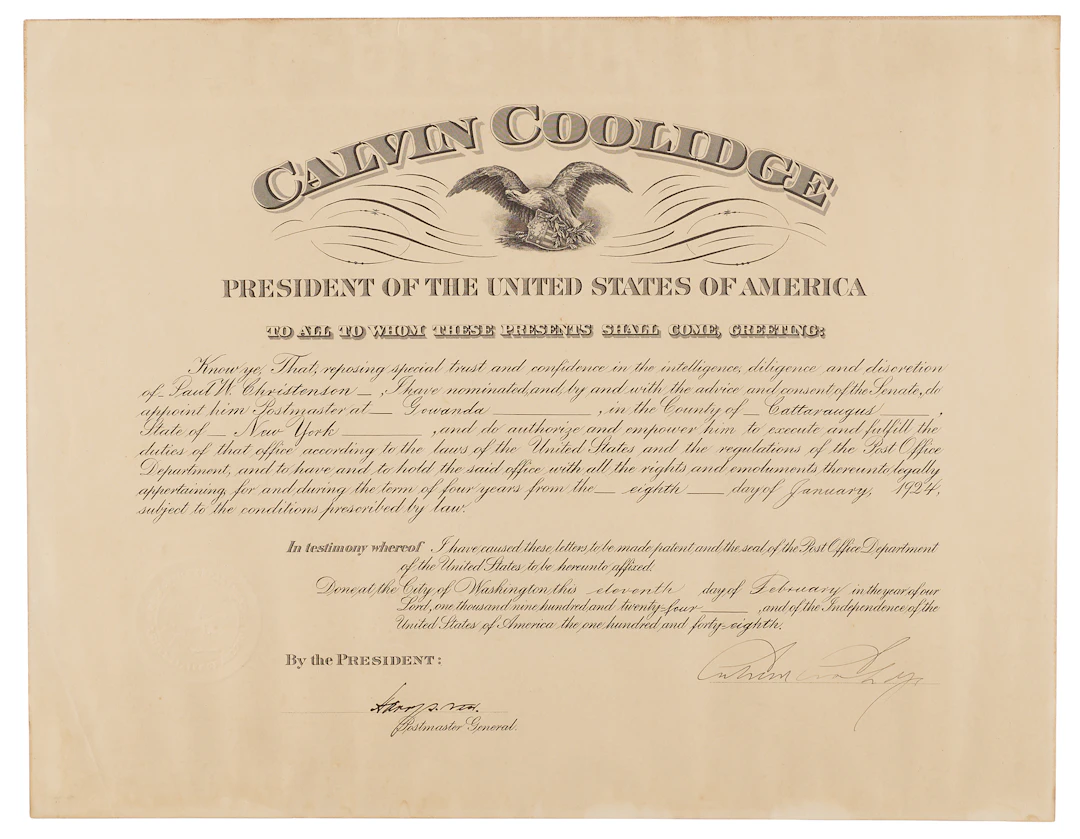 Calvin Coolidge Document Signed as President, Appointing a Postmaster