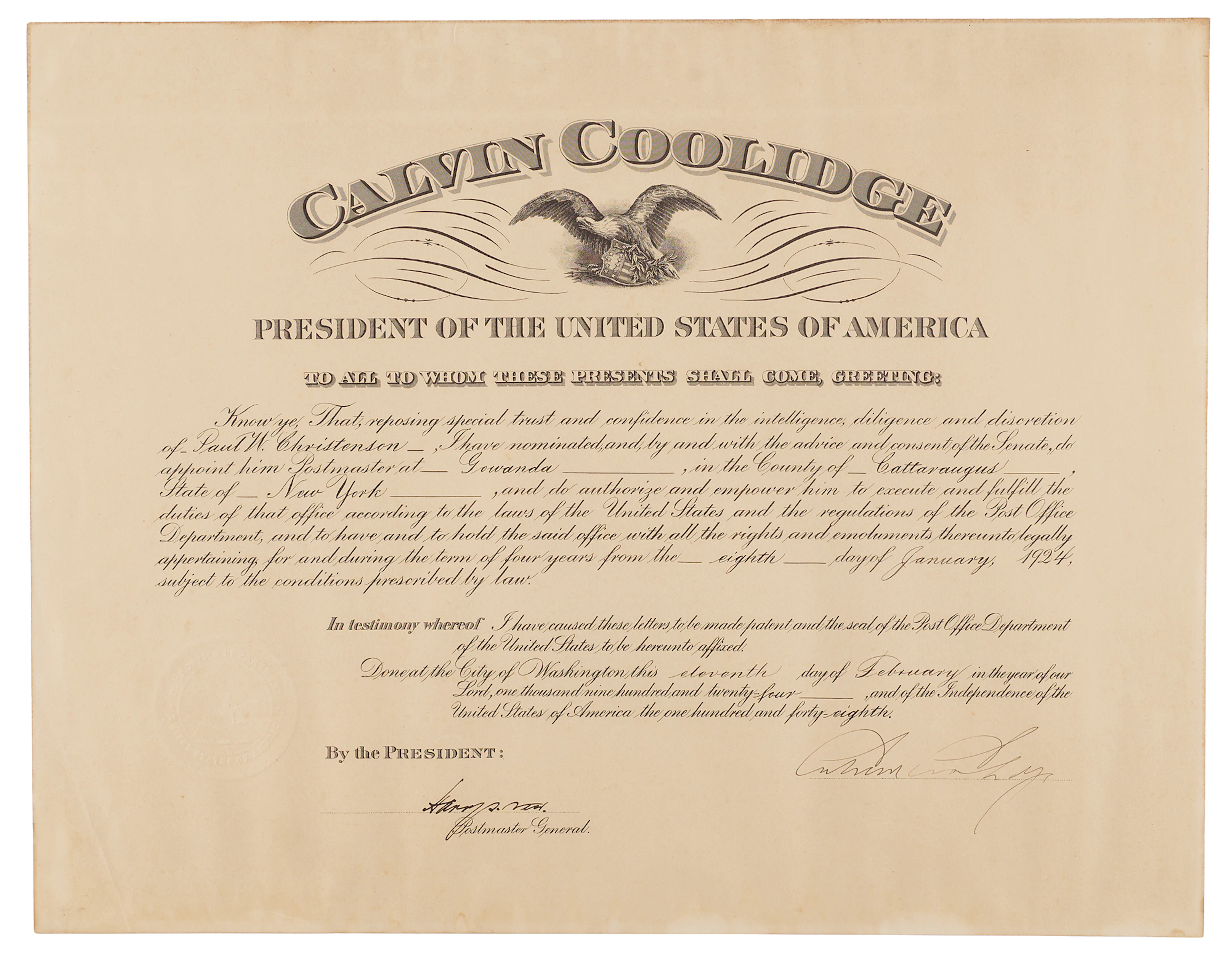 Calvin Coolidge Document Signed as President, Appointing a Postmaster