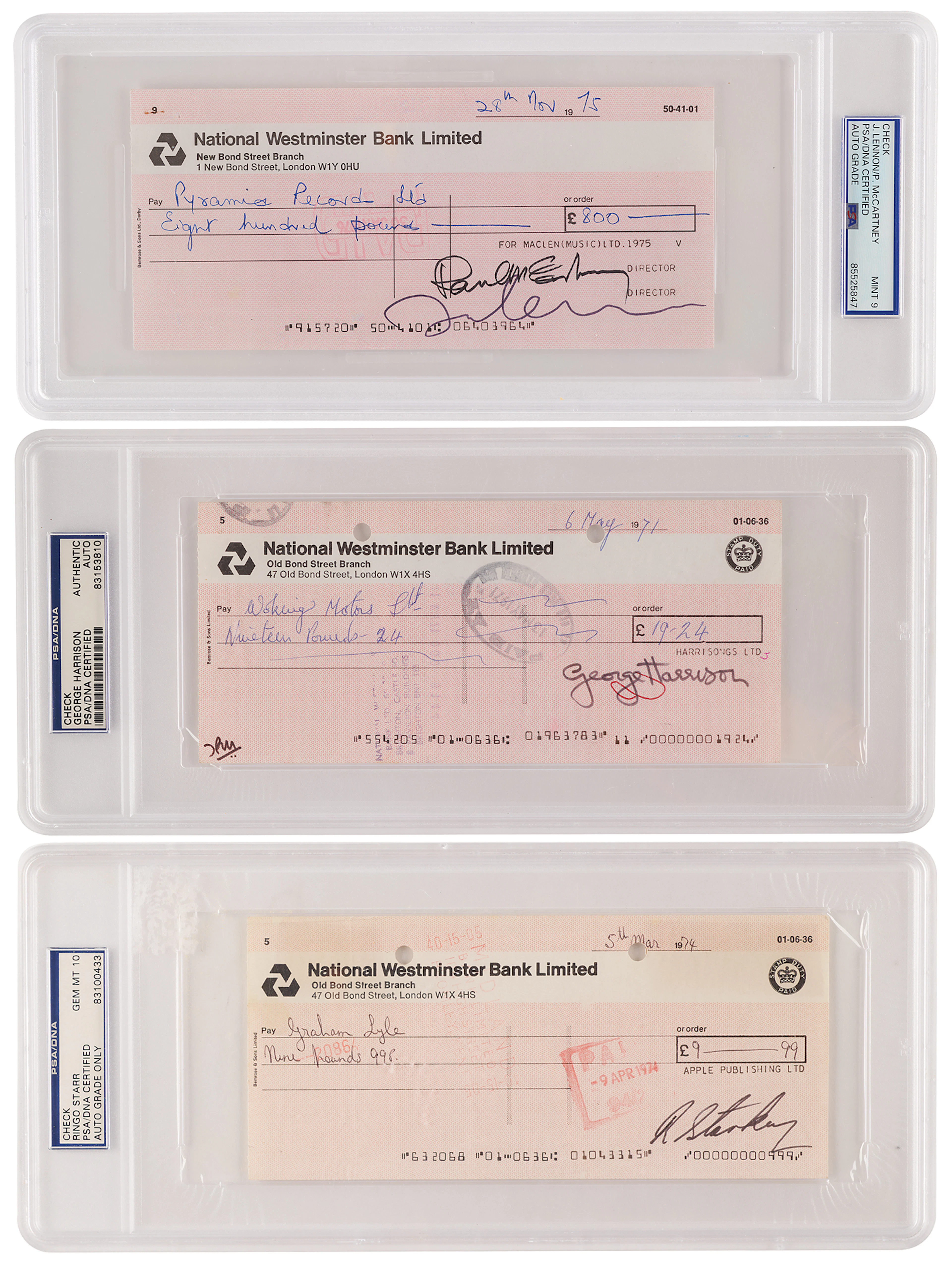 Beatles (3) Signed Checks with Lennon, McCartney, Harrison, and Starr