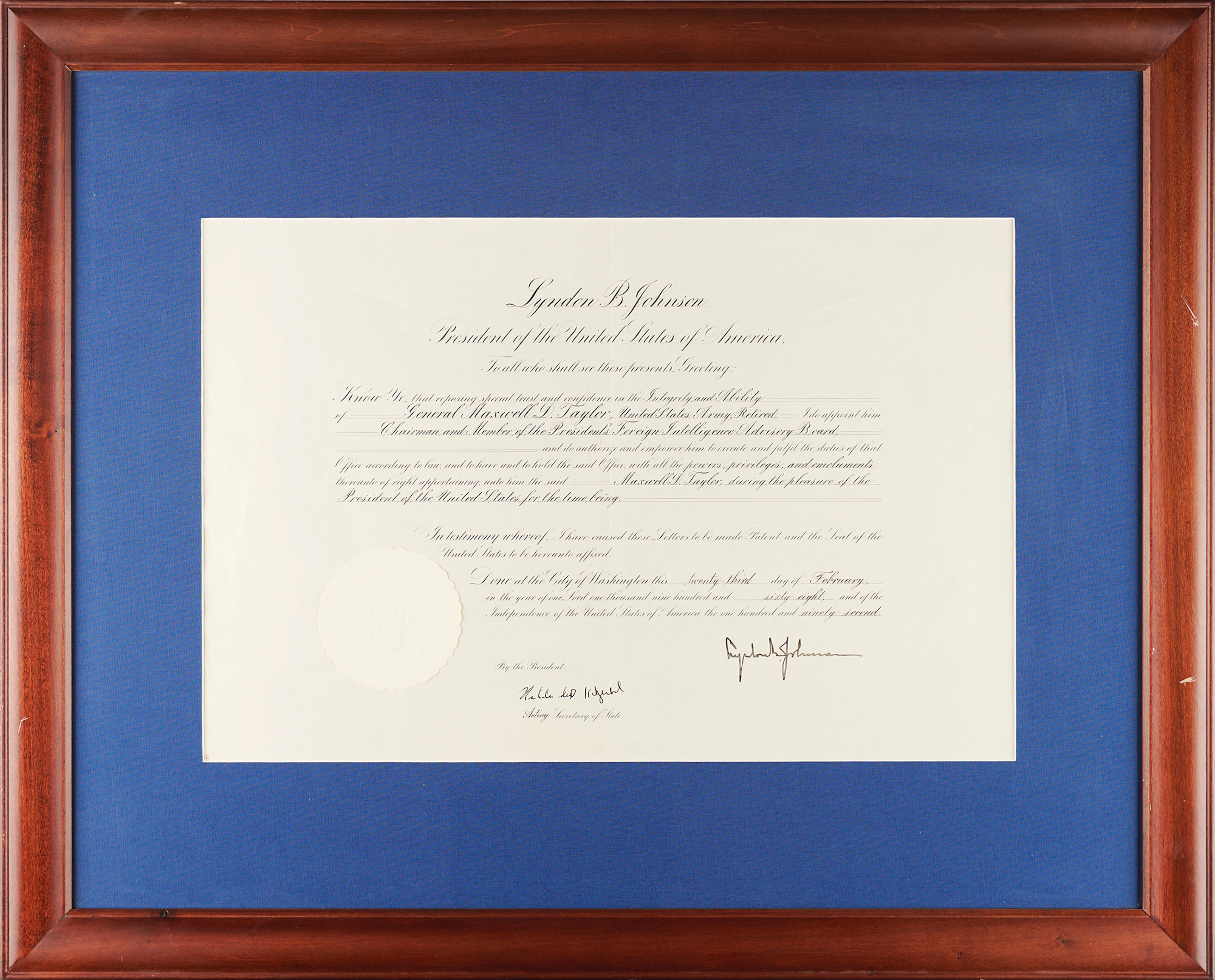 Lyndon B. Johnson Document Signed as President, Appointing Gen. Maxwell
