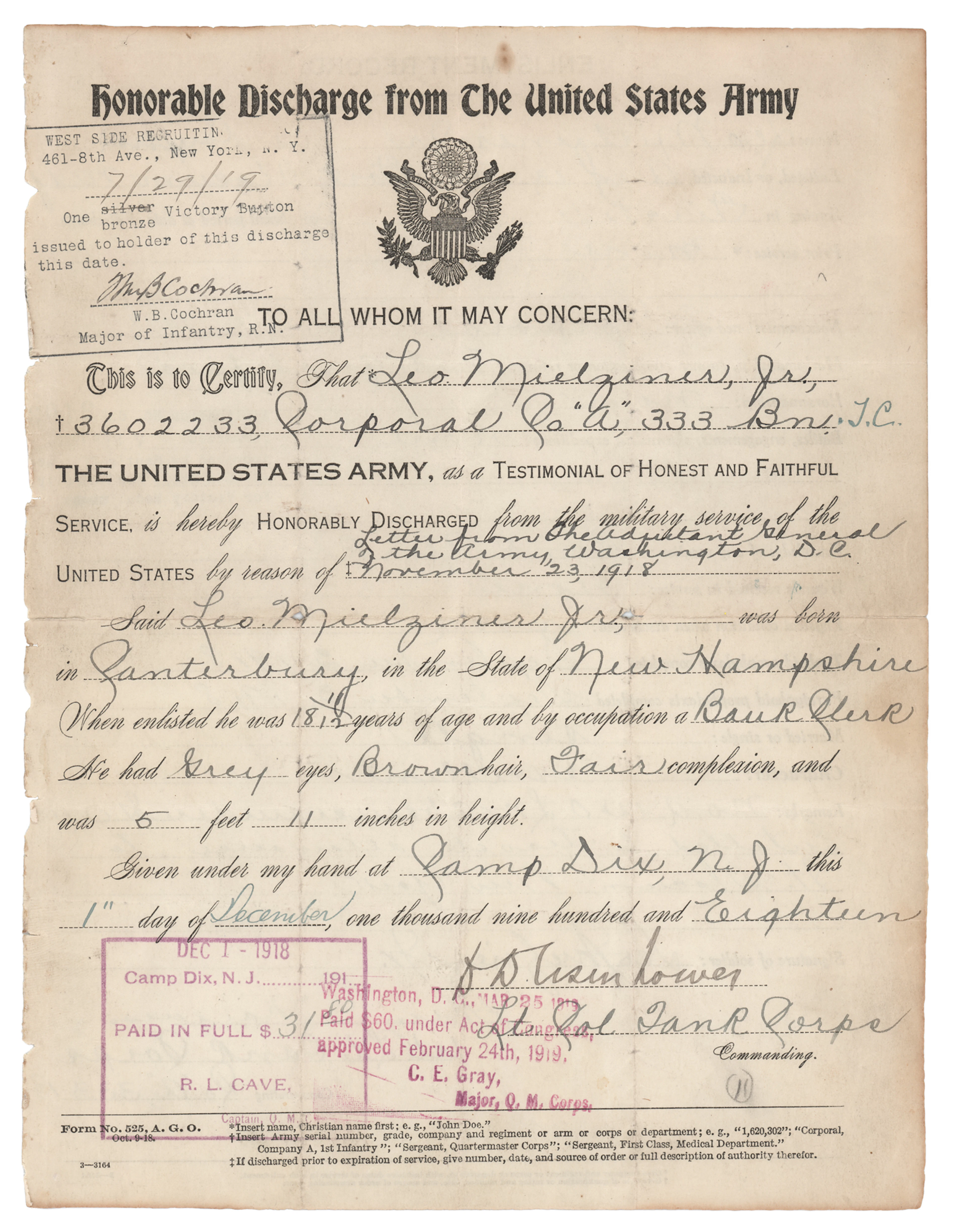 Dwight D. Eisenhower Early Signed 'U.S. Army Honorable Discharge'
