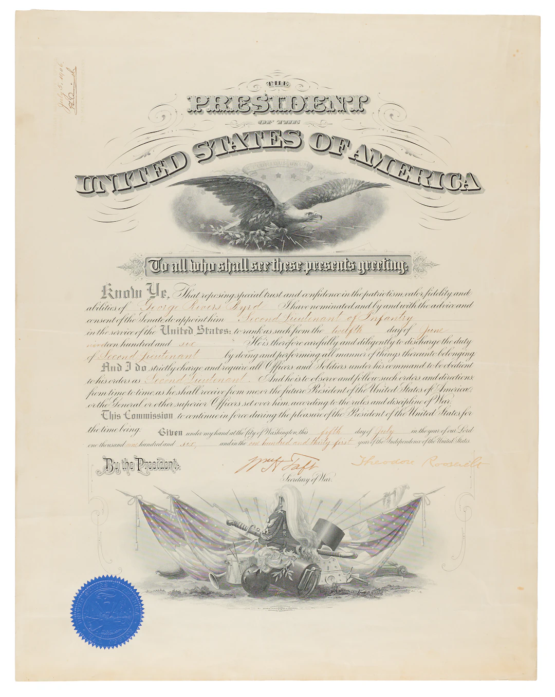 Theodore Roosevelt and William H. Taft Document Signed, Appointing