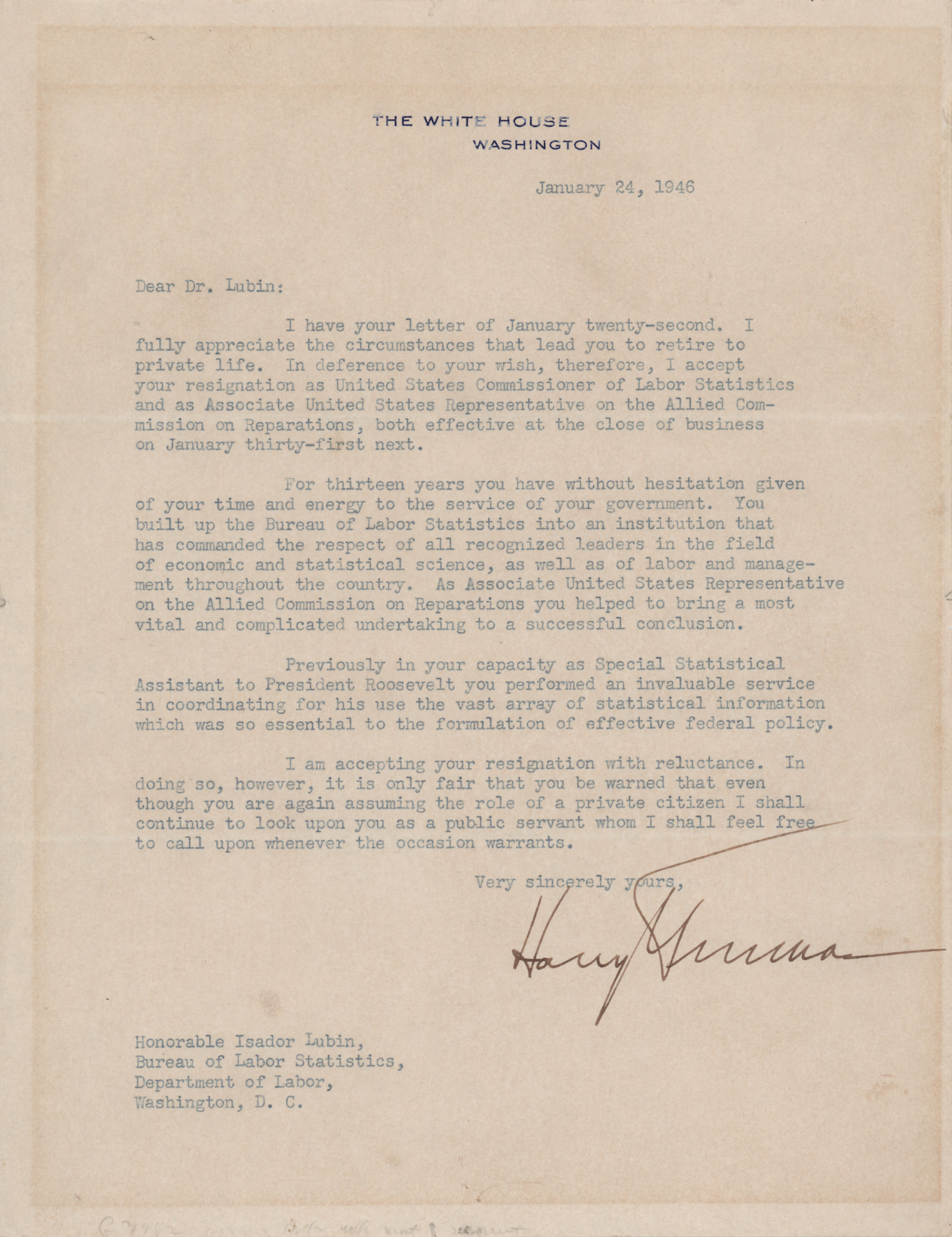 Harry S. Truman Typed Letter Signed as President, Accepting the Resignation
