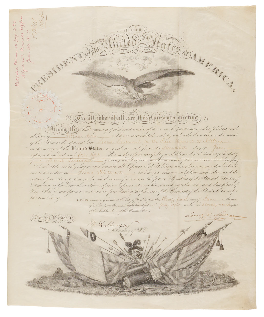 James K. Polk Document Signed as President, Appointing Jefferson C.