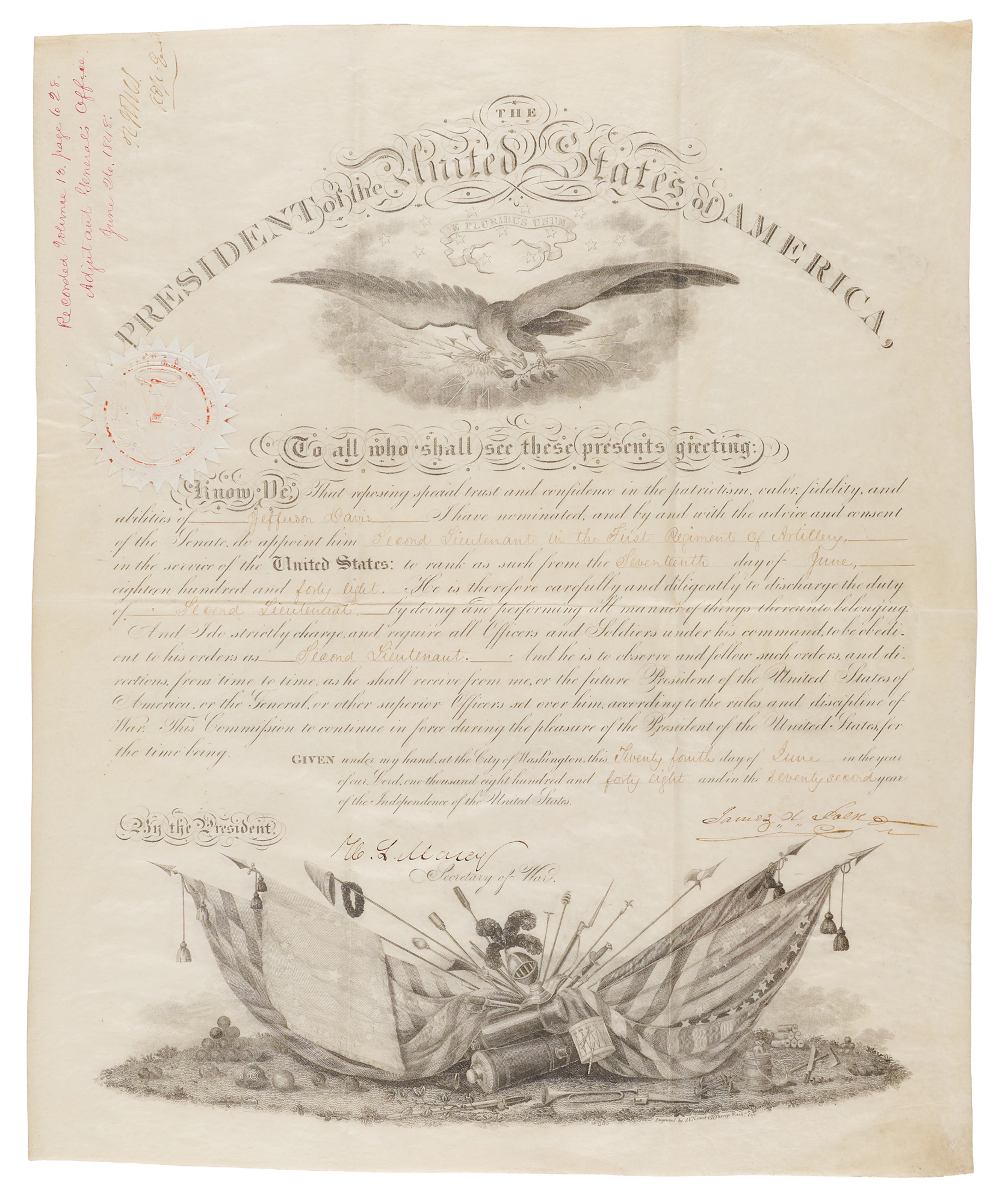 James K. Polk Document Signed as President, Appointing Jefferson C.