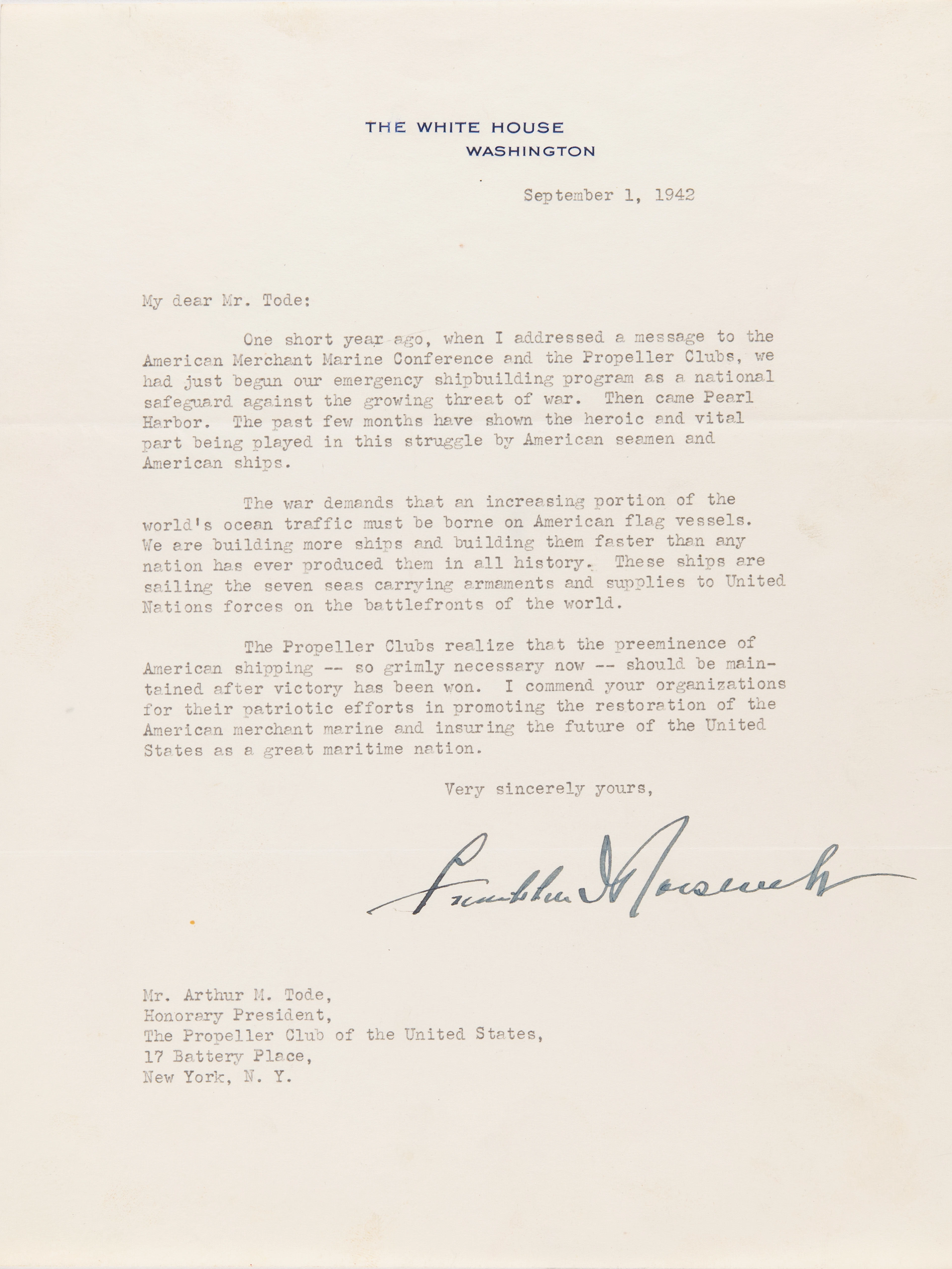 Franklin D. Roosevelt War-Dated Typed Letter Signed as President on