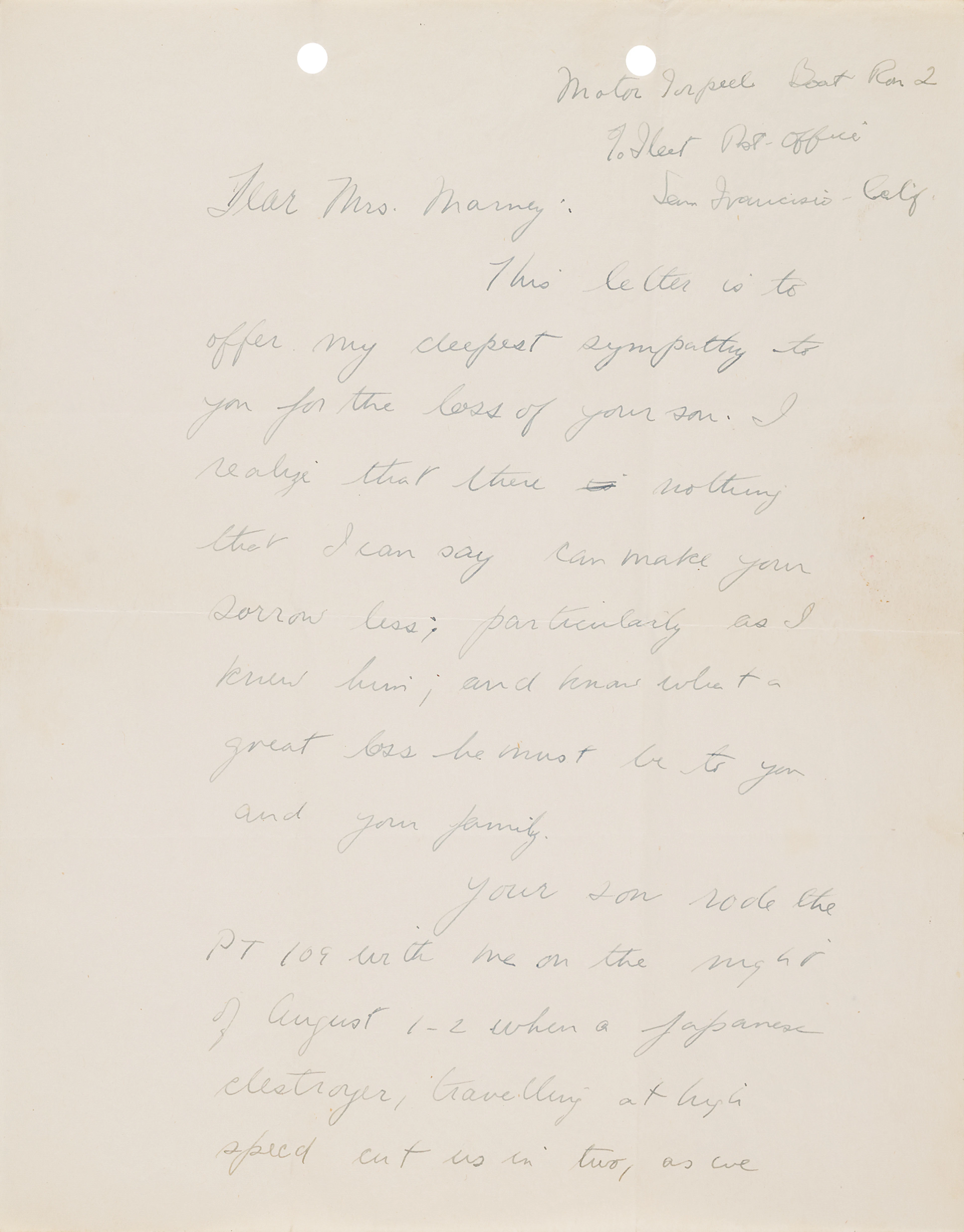 John F. Kennedy War-Dated Autograph Letter Signed to the Mother of