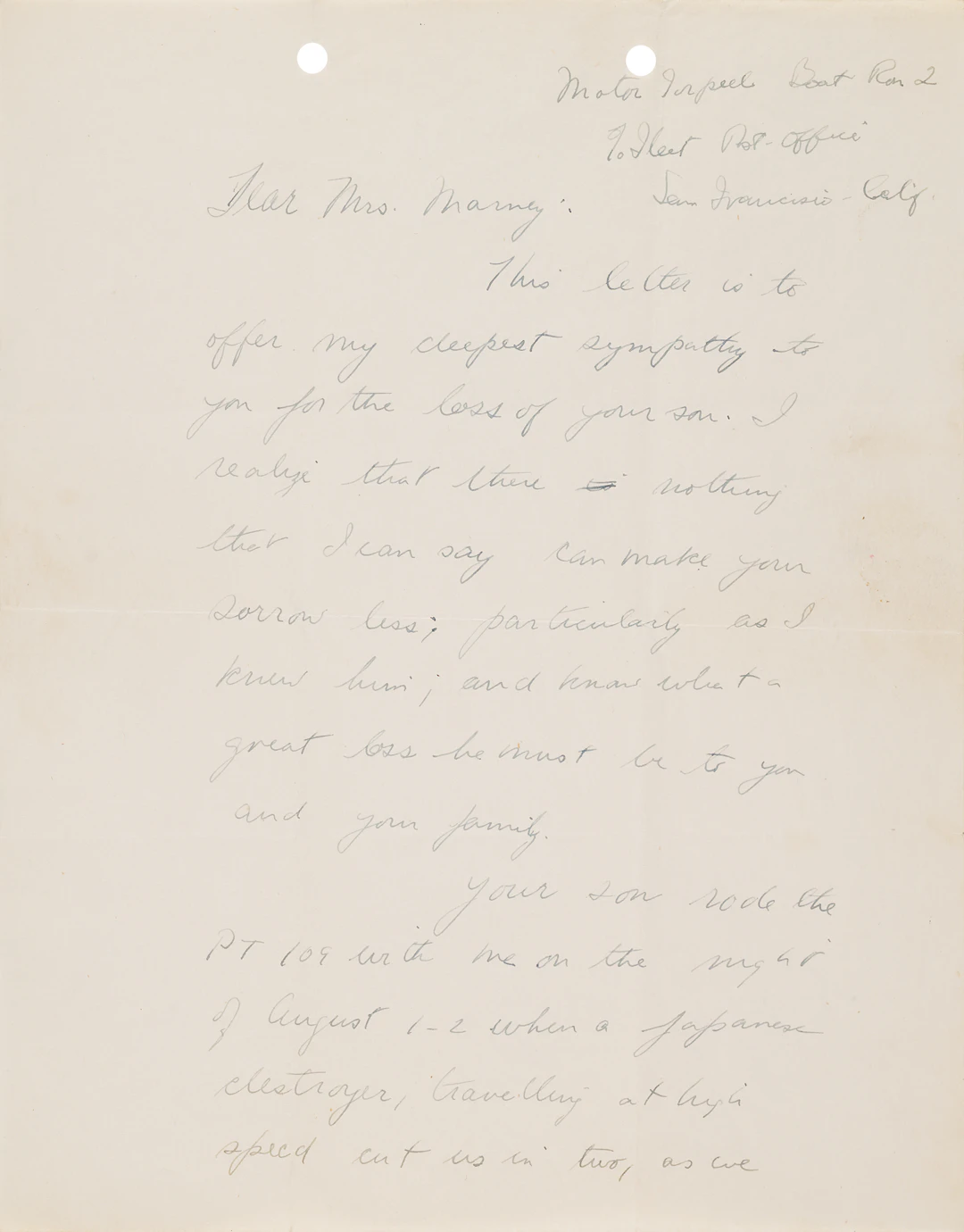 John F. Kennedy War-Dated Autograph Letter Signed to the Mother of