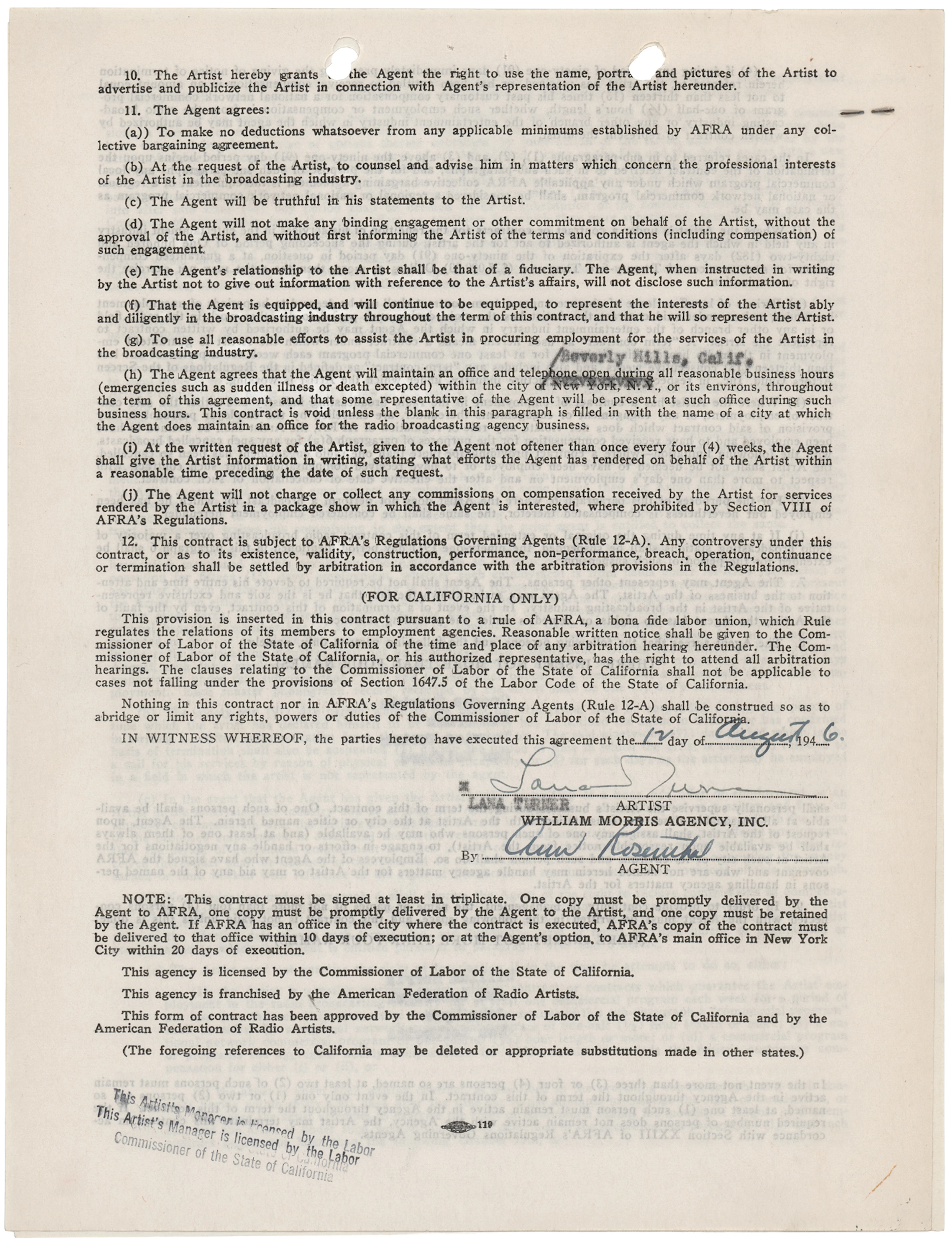 Lana Turner Signed Agency Contract