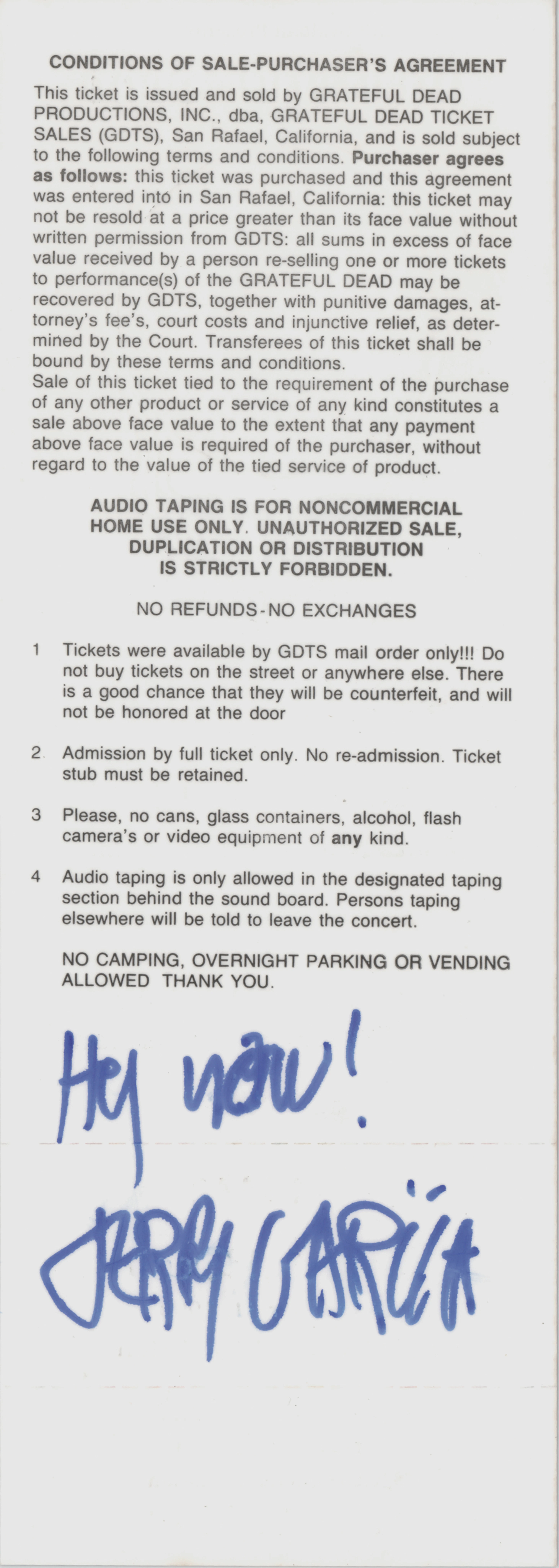Grateful Dead: Jerry Garcia Signed Oakland Coliseum Arena Ticket -