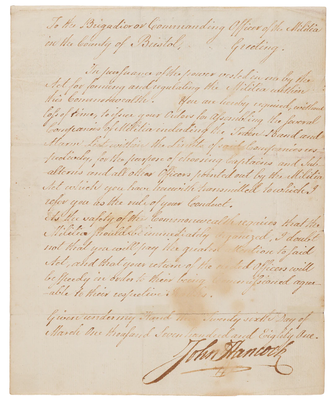 John Hancock Revolutionary War-Dated Document Signed as Governor -