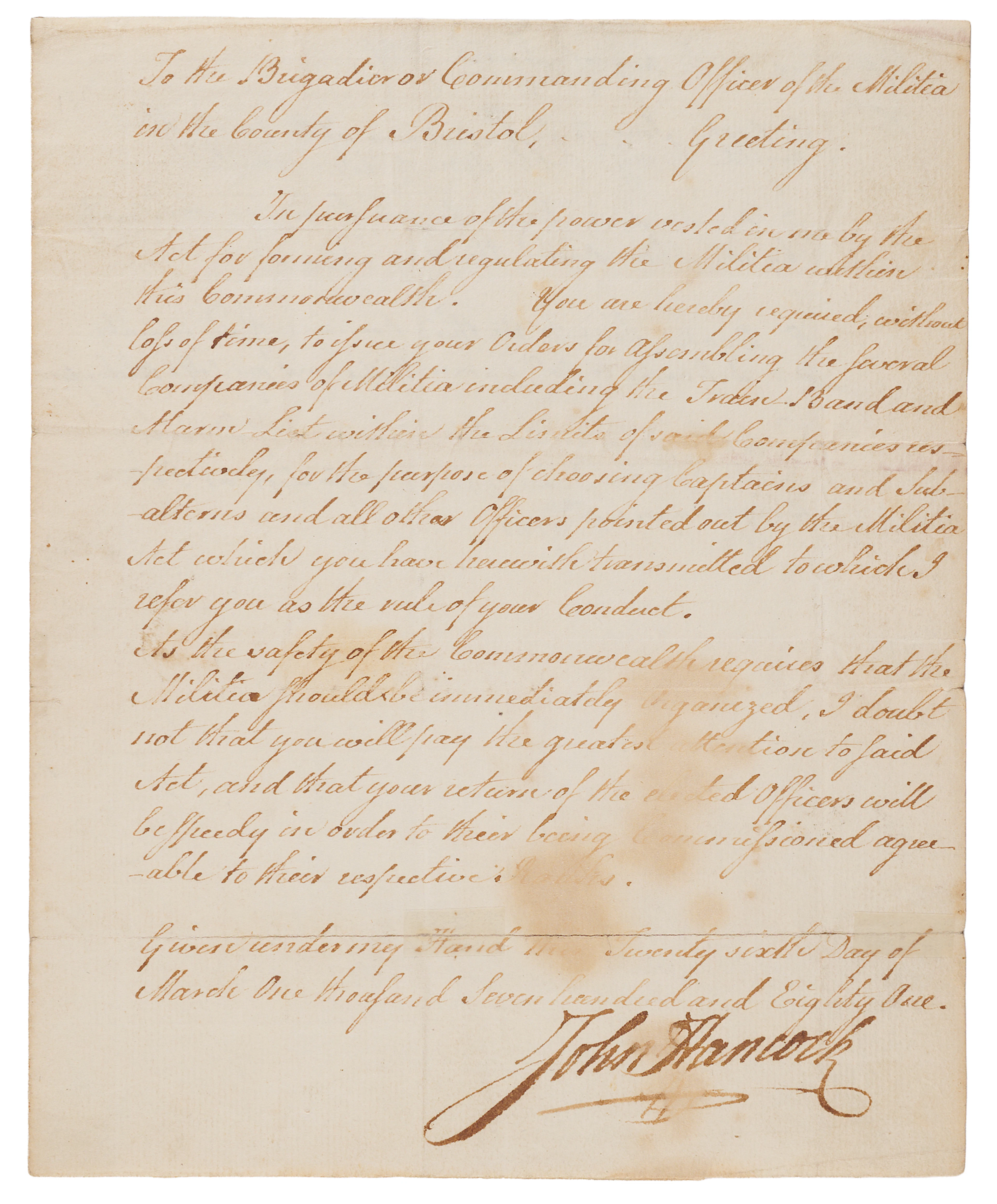 John Hancock Revolutionary War-Dated Document Signed as Governor -