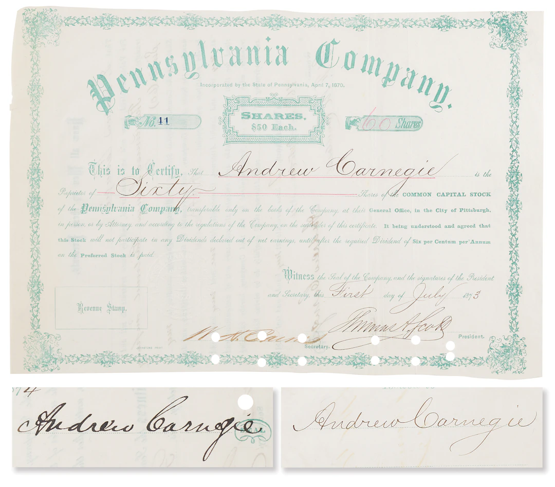 Andrew Carnegie and Thomas A. Scott Signed 1873 Pennsylvania Company