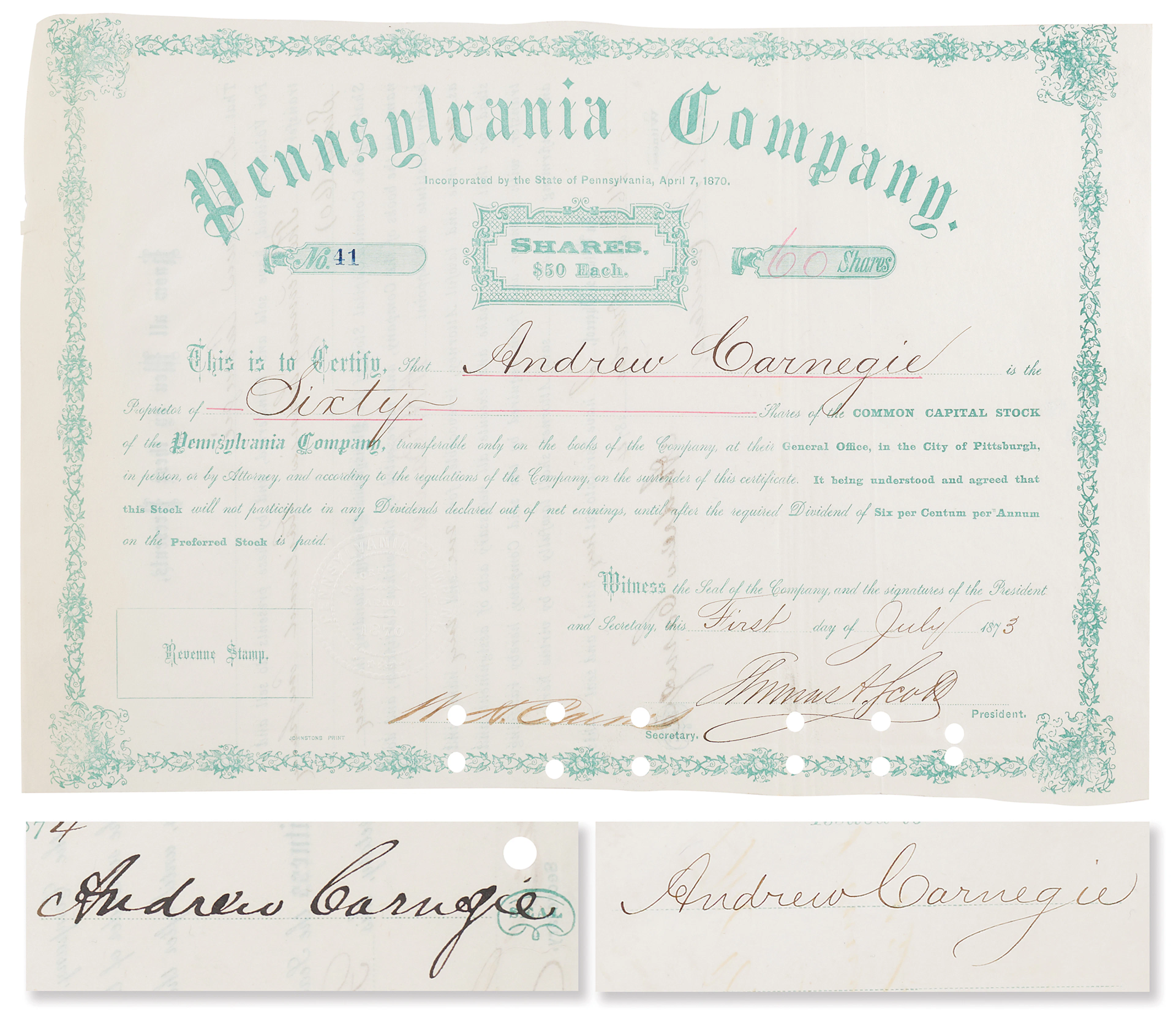 Andrew Carnegie and Thomas A. Scott Signed 1873 Pennsylvania Company