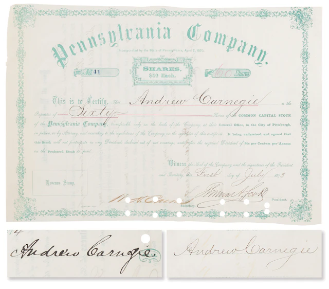 Andrew Carnegie and Thomas A. Scott Signed 1873 Pennsylvania Company
