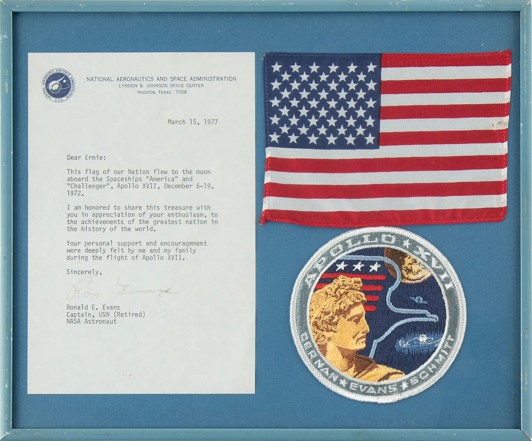 Apollo 17 Flown Flag with Flight-Certified Letter Signed by CMP Ron Evans