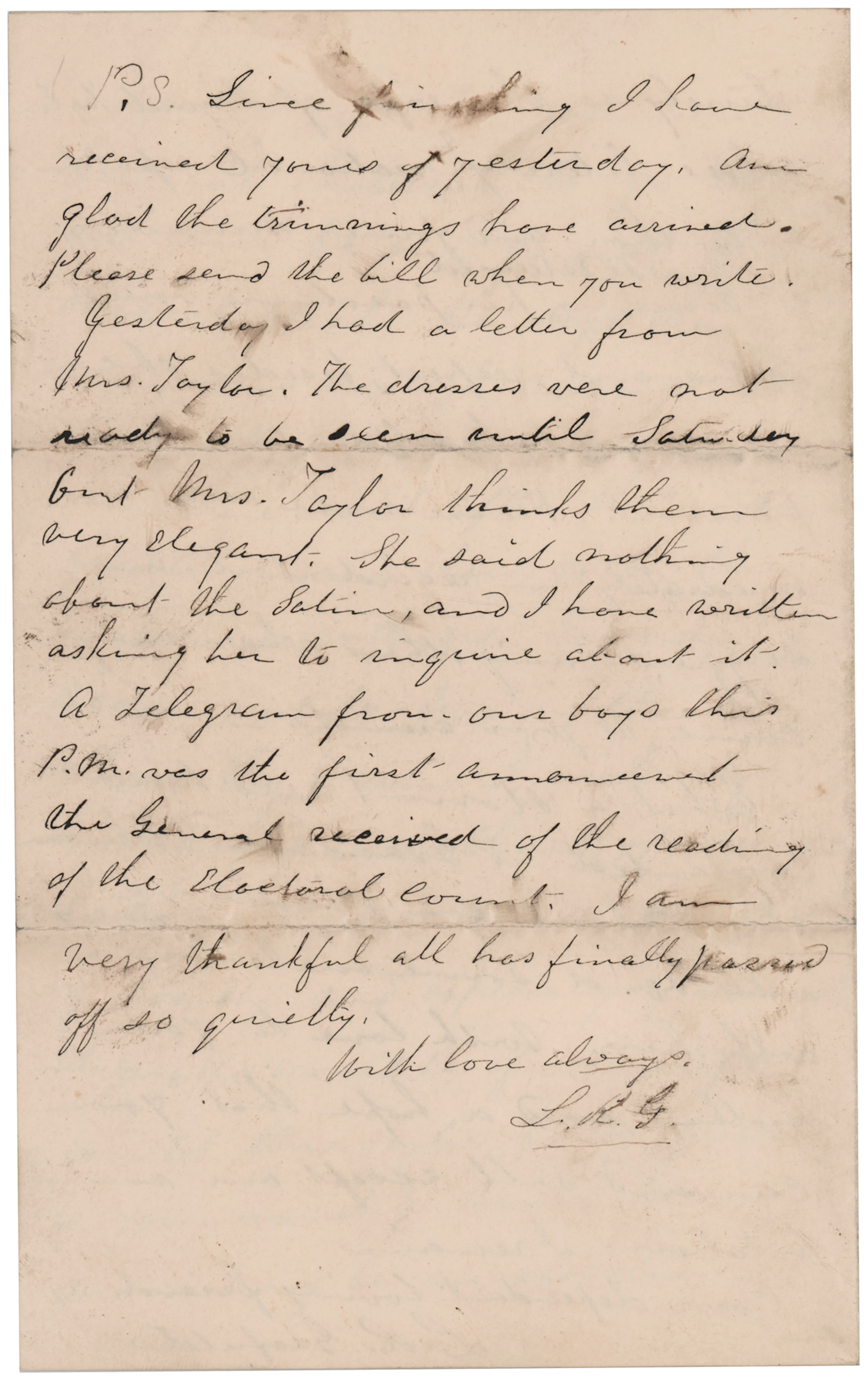 Lucretia Garfield Autograph Letter Signed on Garfield's Inauguration: