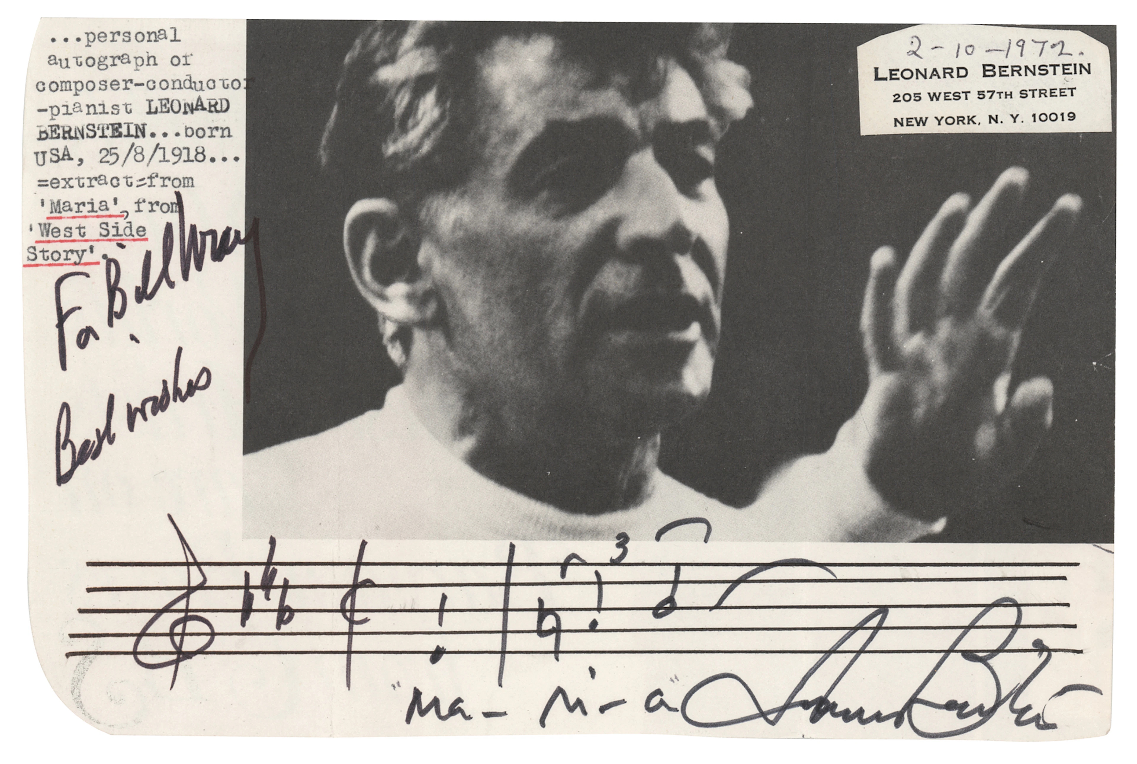 Leonard Bernstein Autograph Musical Quotation Signed - 'Maria'