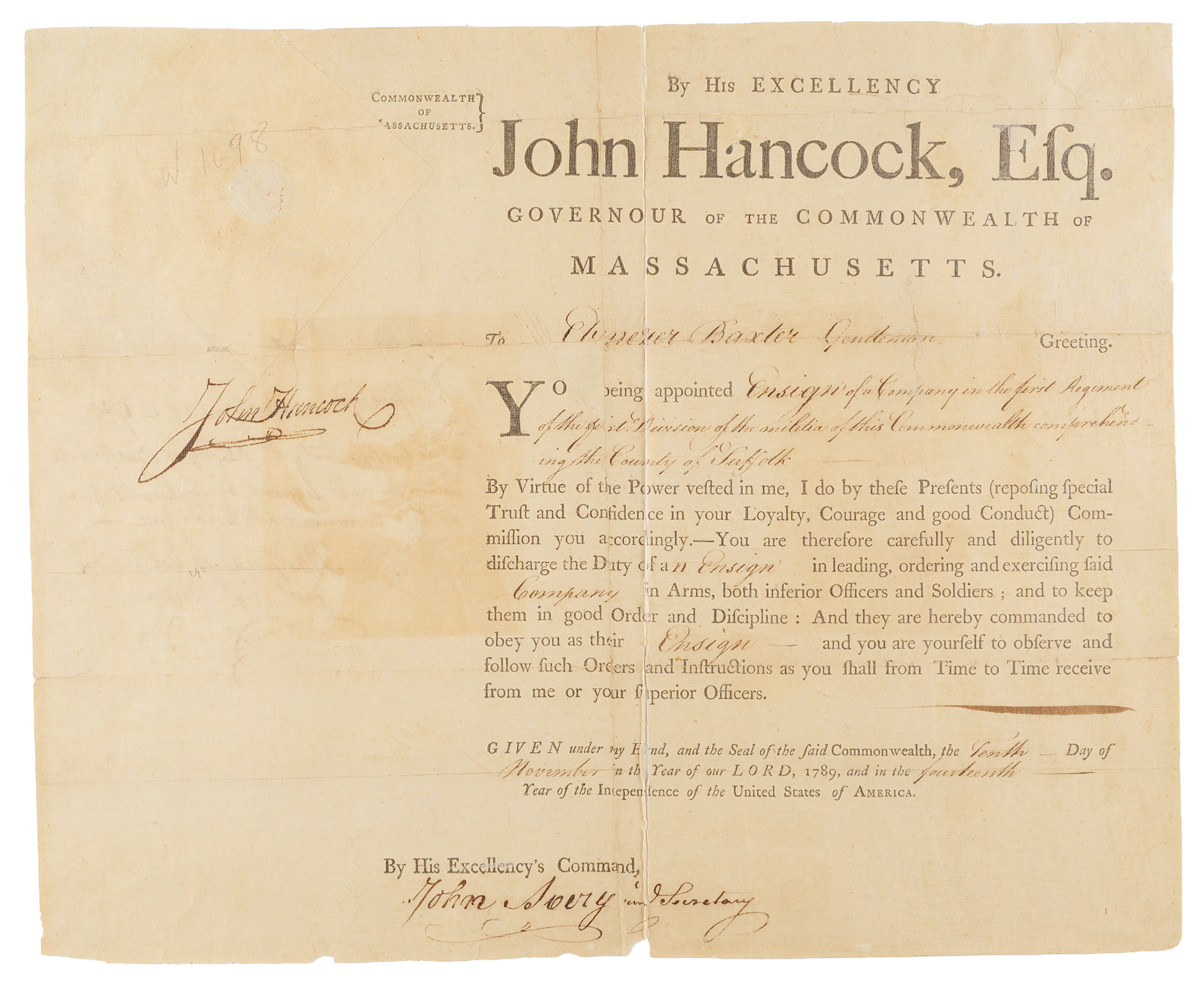 John Hancock Document Signed as Governor of Massachusetts