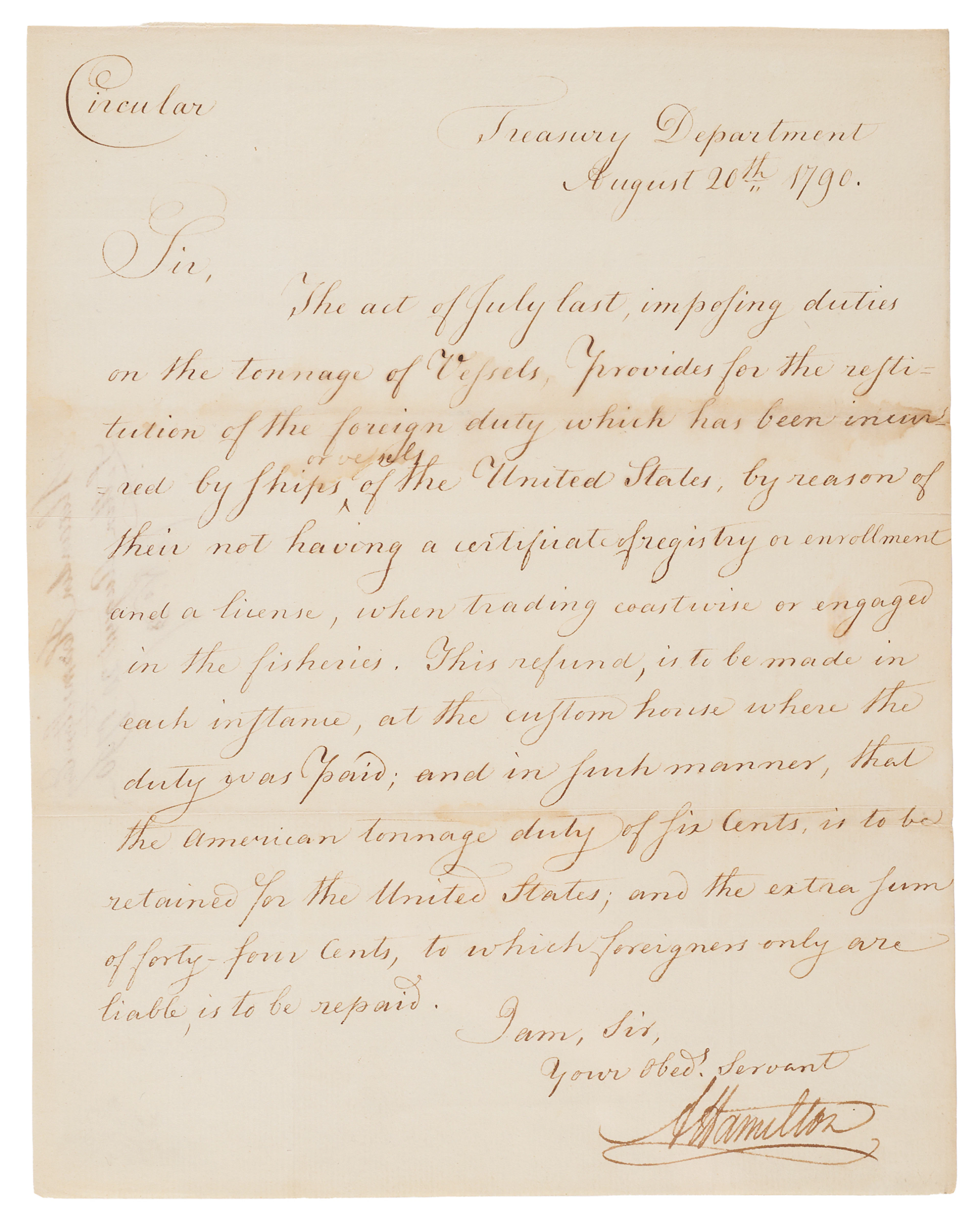 Alexander Hamilton Letter Signed as Treasury Secretary - Circular