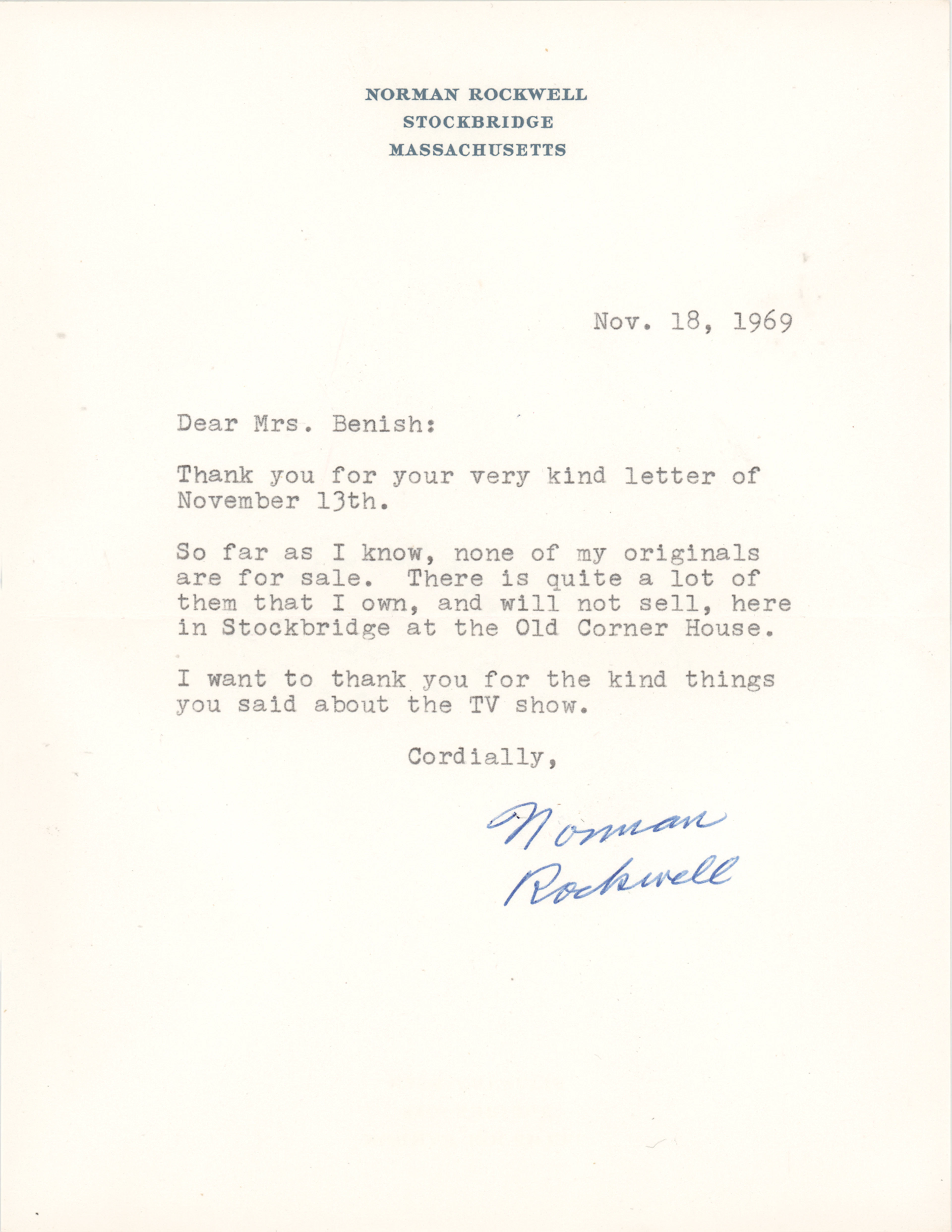 Norman Rockwell Typed Letter Signed: "None of my originals are for sale"