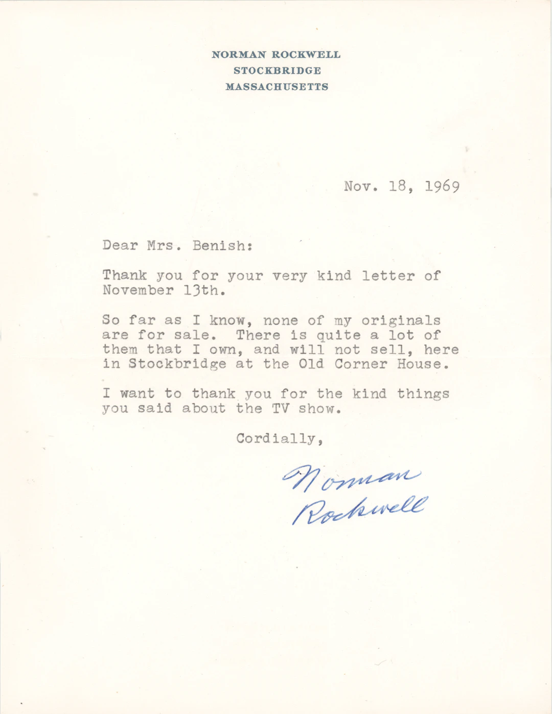 Norman Rockwell Typed Letter Signed: "None of my originals are for sale"
