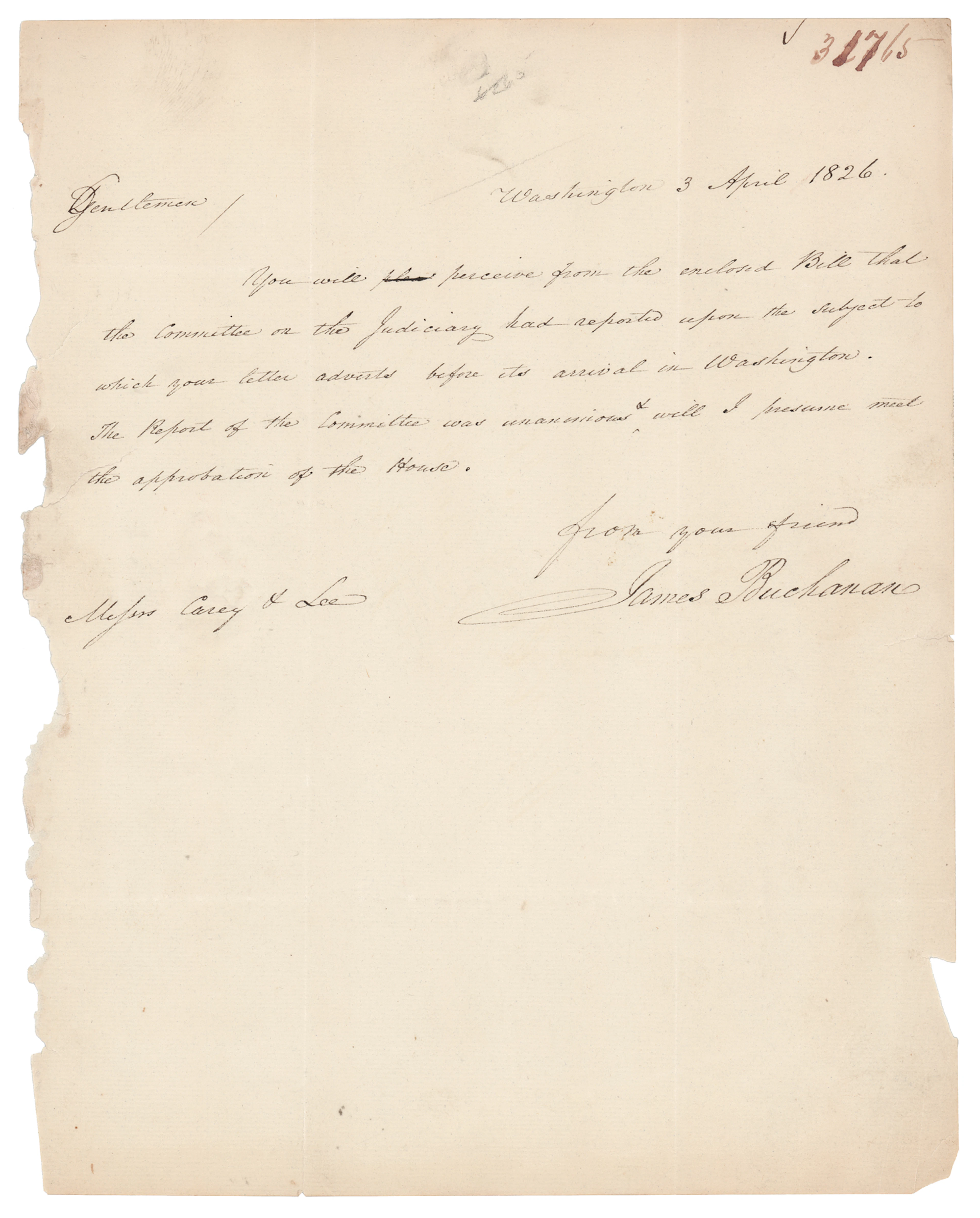 James Buchanan Autograph Letter Signed: "The Report of the Committee