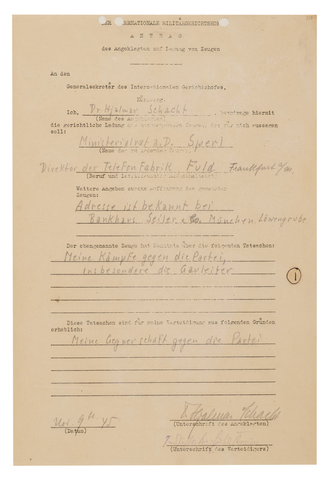 Hjalmar Schacht Document Signed at Nuremberg, Calling a Banker Who