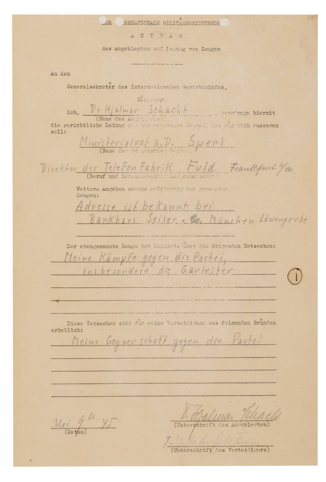Hjalmar Schacht Document Signed at Nuremberg, Calling a Banker Who