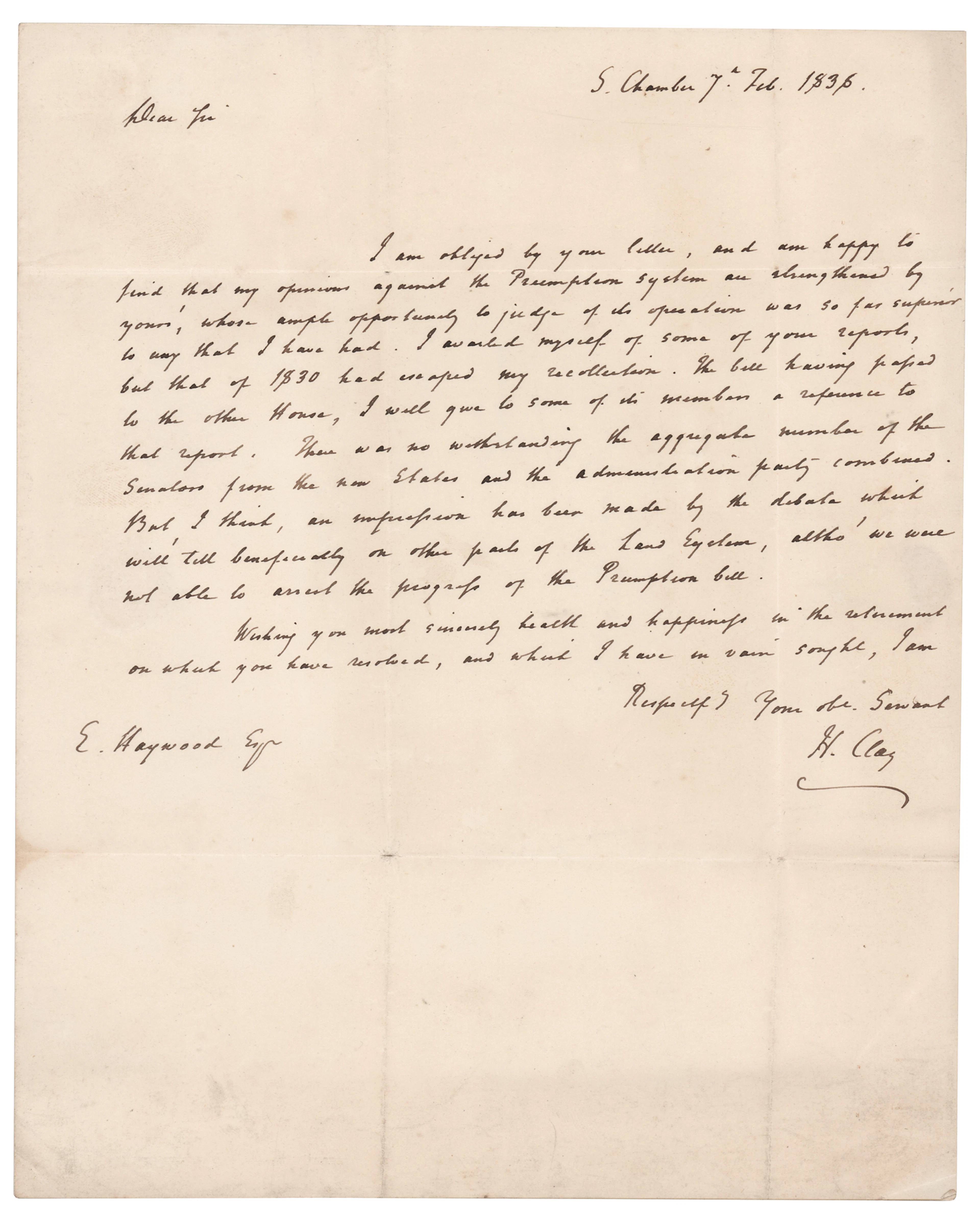 Henry Clay Autograph Letter Signed with Free Frank, on the Preemption