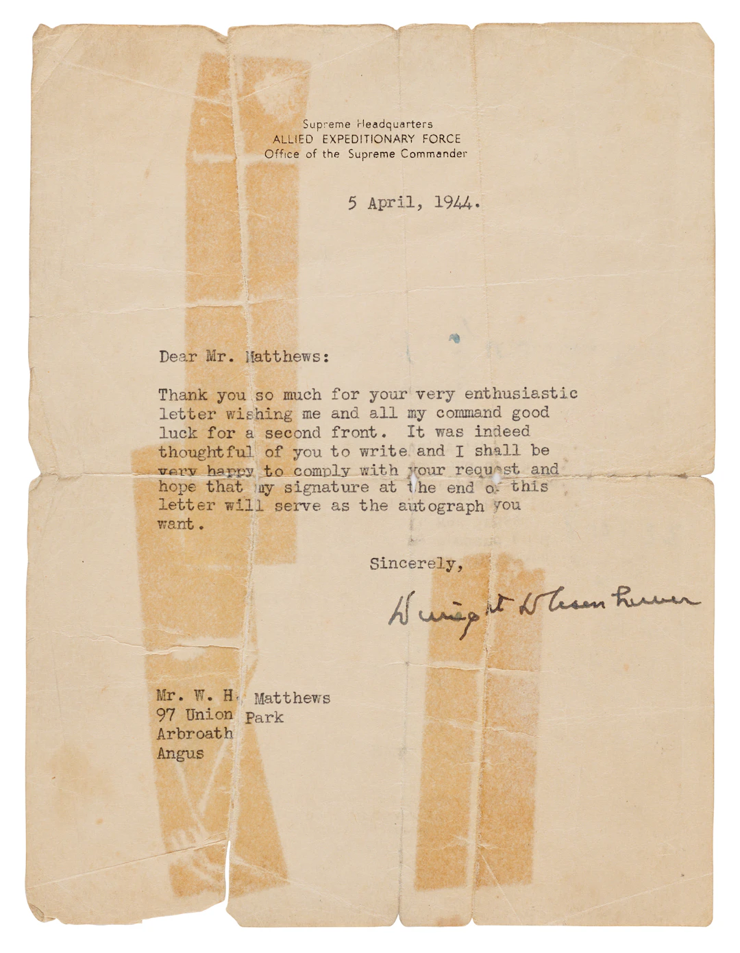 Dwight D. Eisenhower World War II–Dated Typed Letter Signed on the