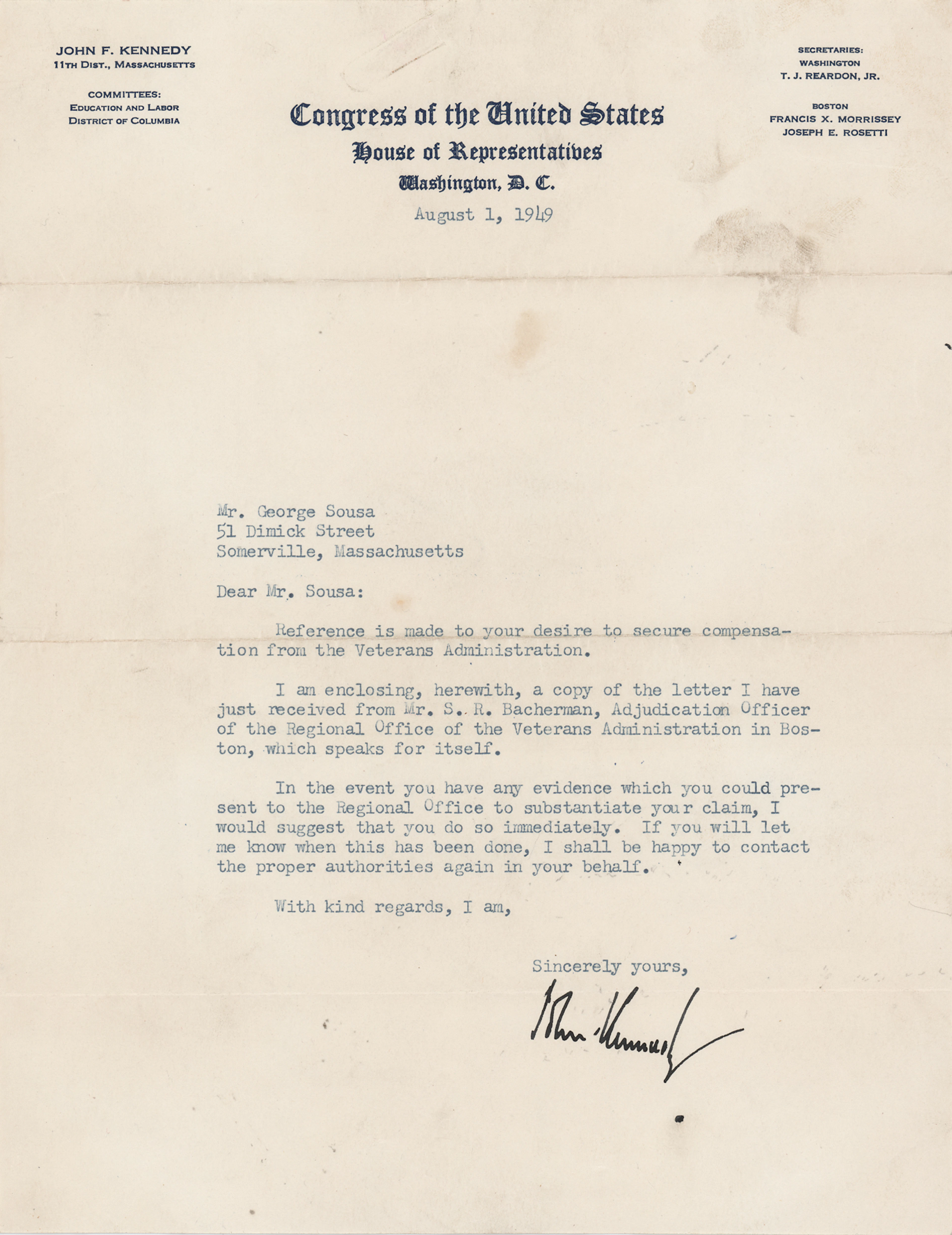John F. Kennedy Typed Letter Signed on a Veterans Administration Compensation
