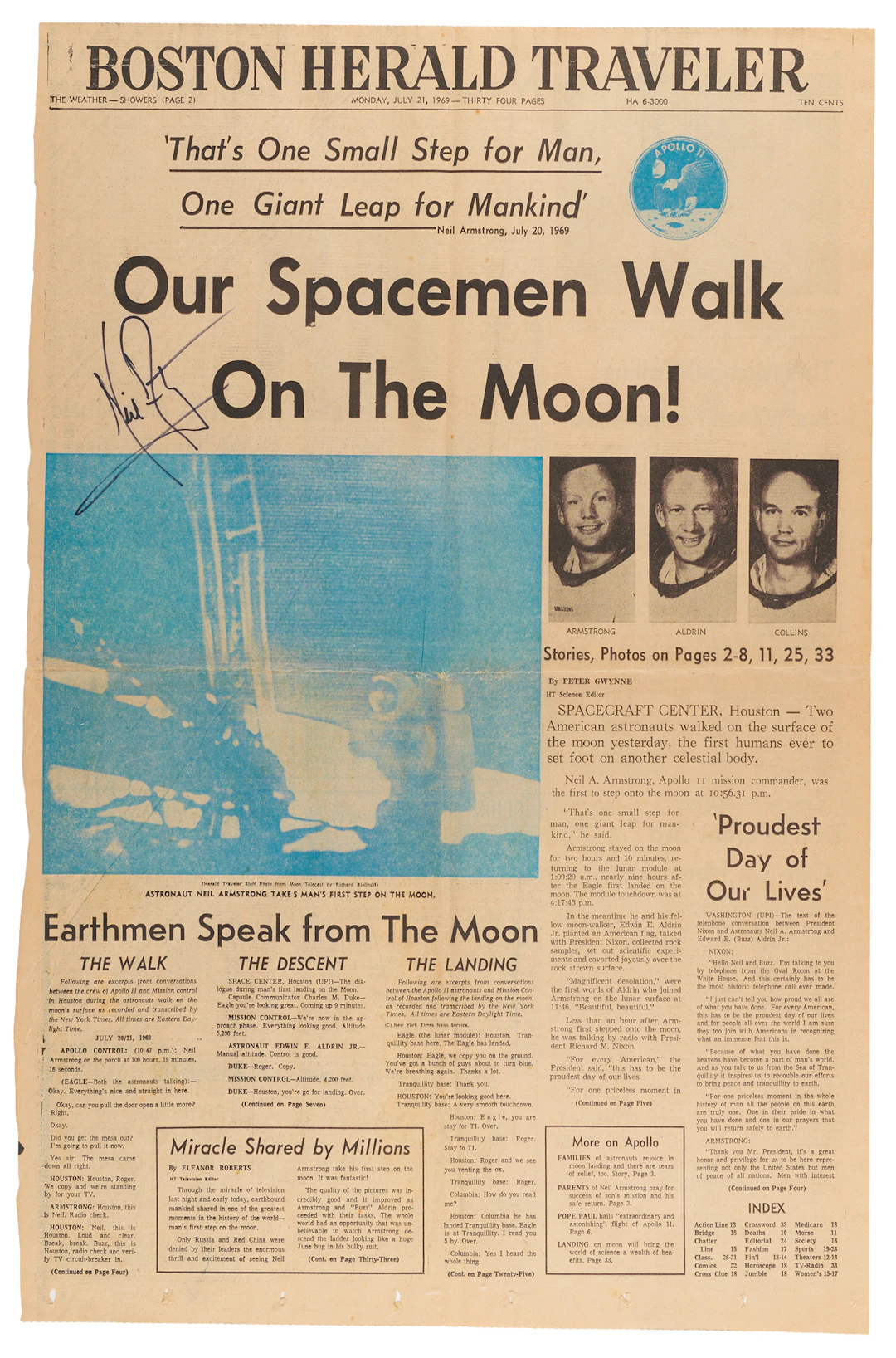 Neil Armstrong Signed Boston Herald Traveler Newspaper (Monday, July 21, 1969)