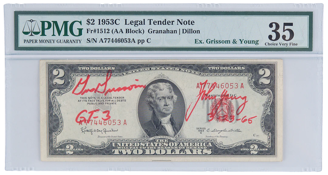 Gemini 3 Molly Brown Flown $2 Dollar Bill, Signed by Gus Grissom and