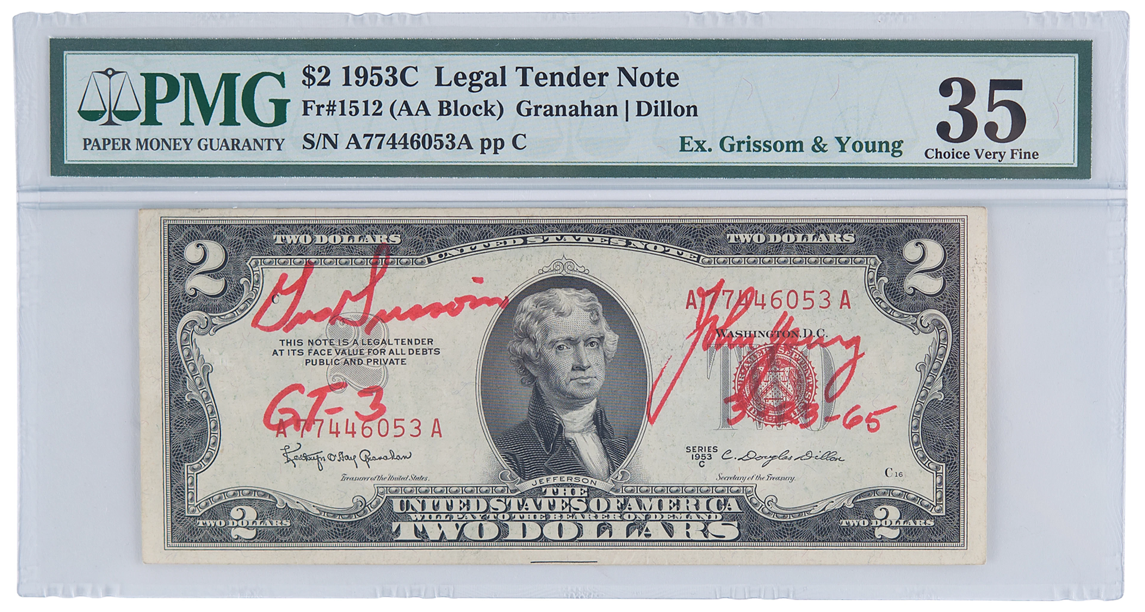 Gemini 3 Molly Brown Flown $2 Dollar Bill, Signed by Gus Grissom and