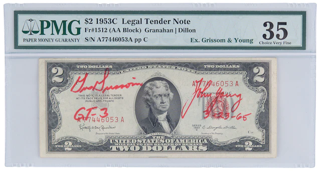 Gemini 3 Molly Brown Flown $2 Dollar Bill, Signed by Gus Grissom and