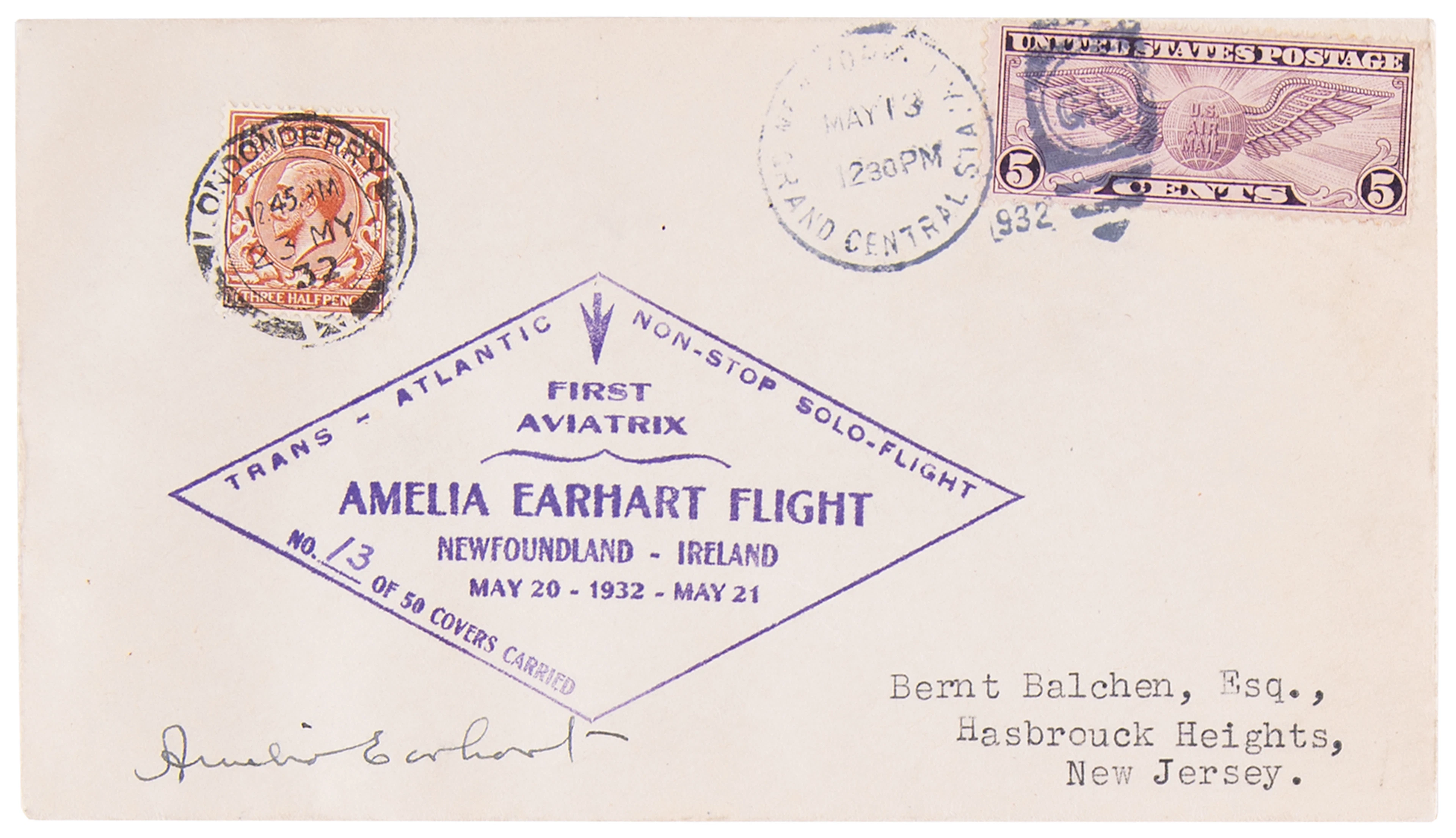 Amelia Earhart Signed Flown Airmail Cover Carried on Her Historic