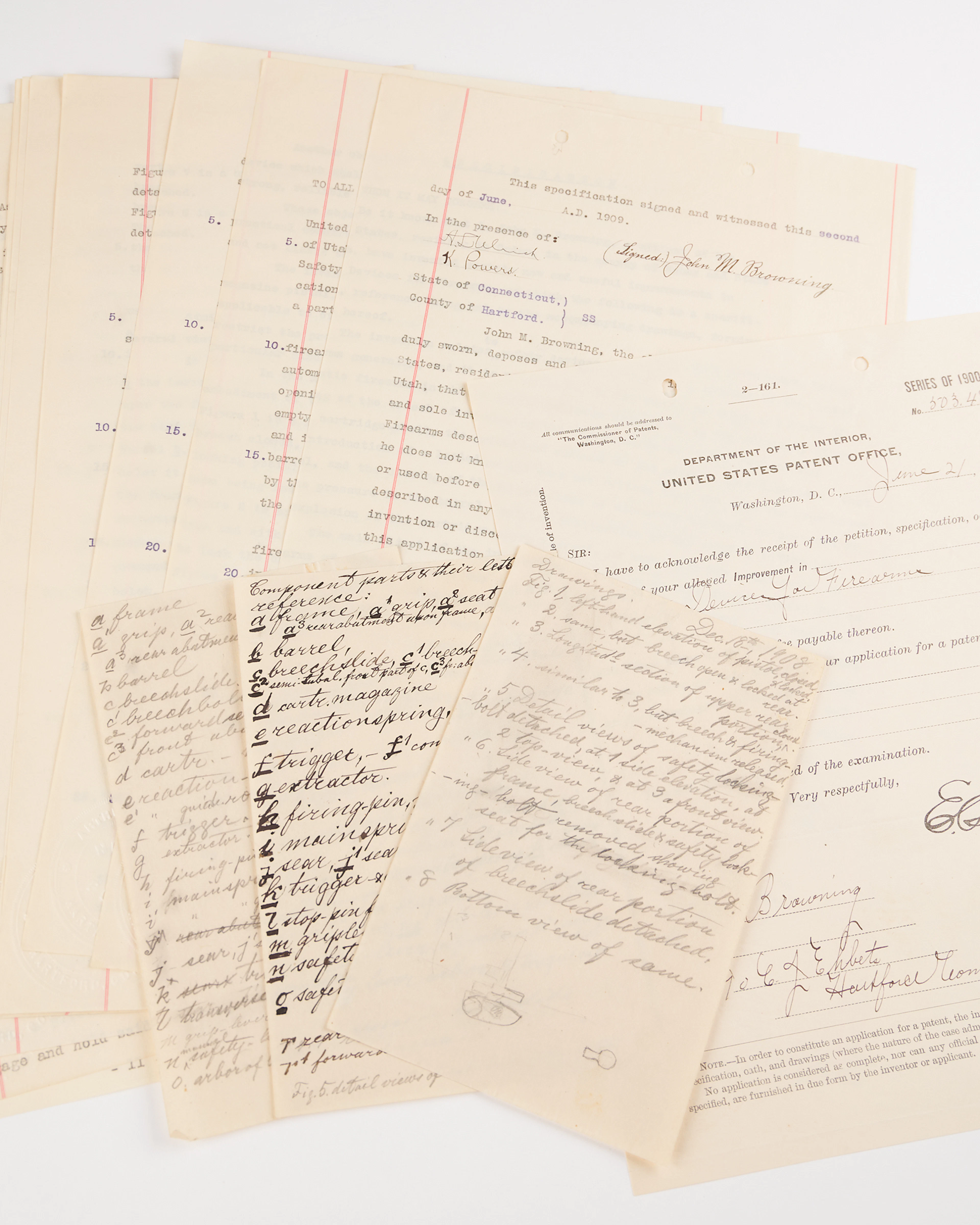 John Browning Archive Relating to U.S. Patent No. 947,478 for a 'Safety