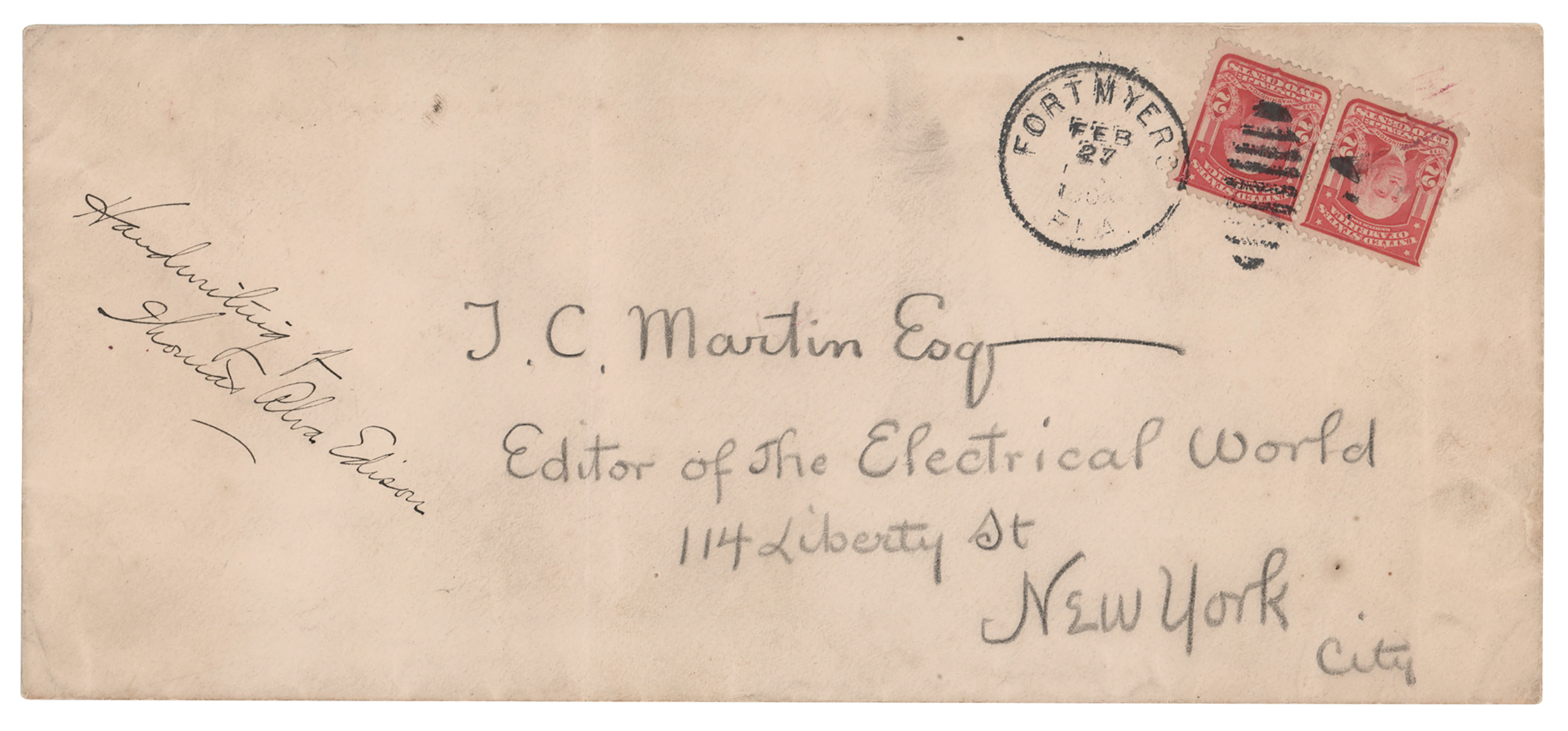 Thomas Edison Hand-Addressed Mailing Envelope (Fort Myers, February 1904)