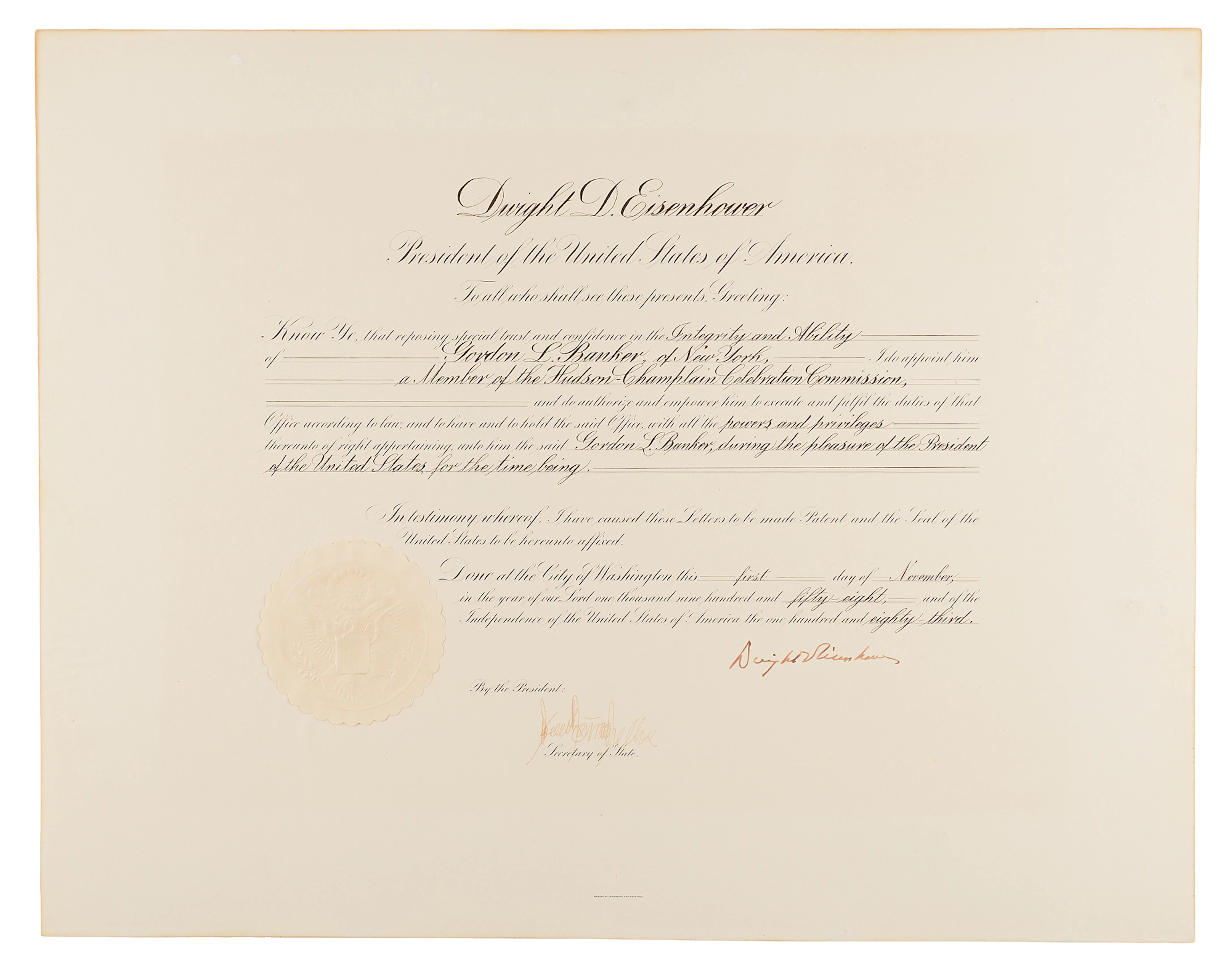 Dwight D. Eisenhower Document Signed as President, Appointing a Member