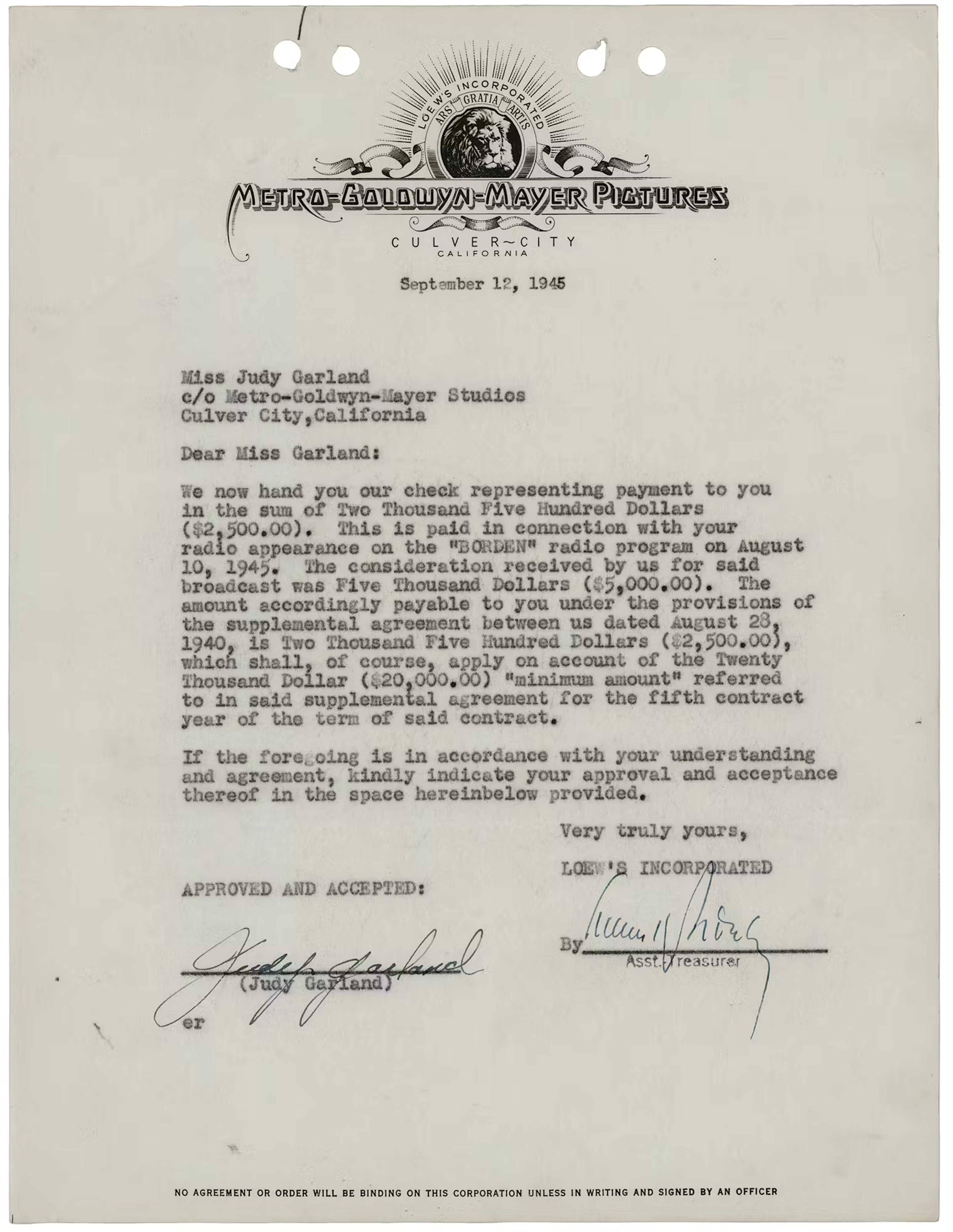 Judy Garland Document Signed