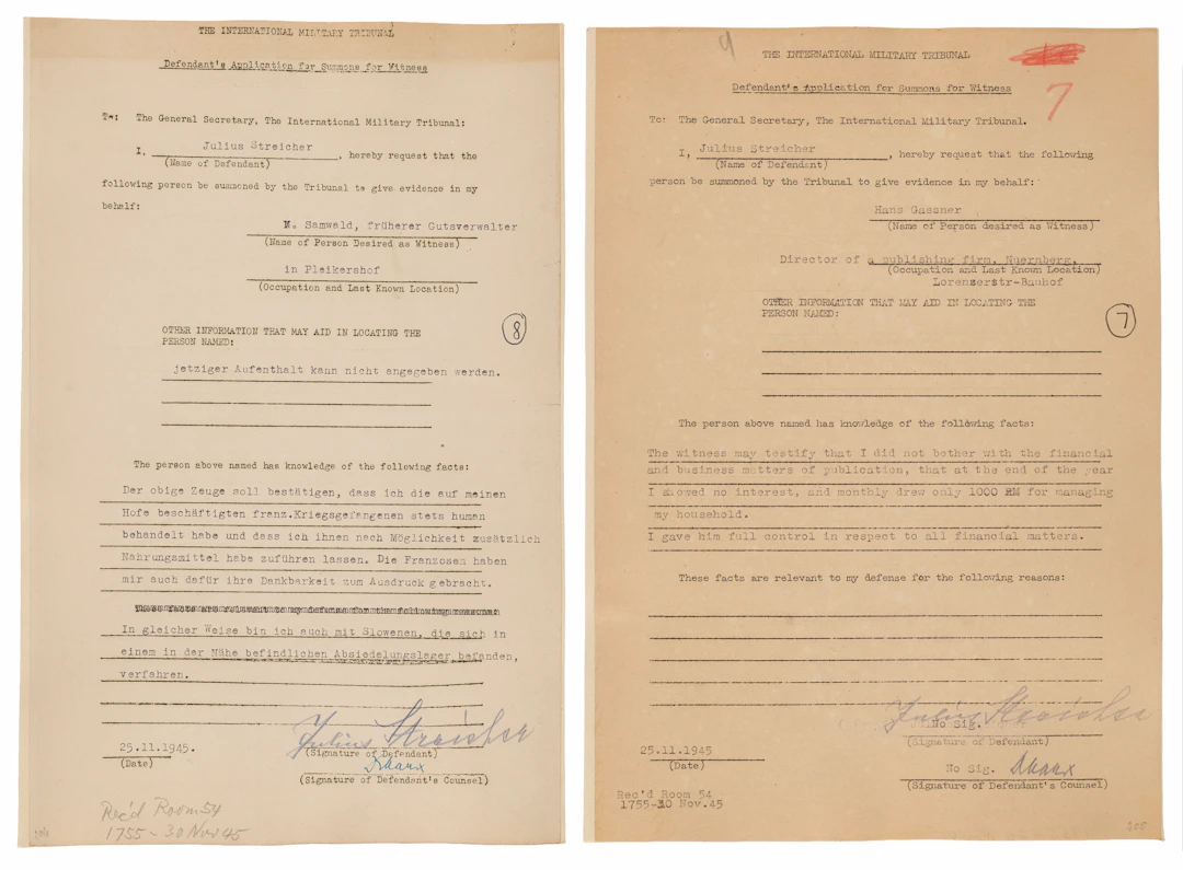 Julius Streicher (2) Documents Signed at Nuremberg, Claiming Humane