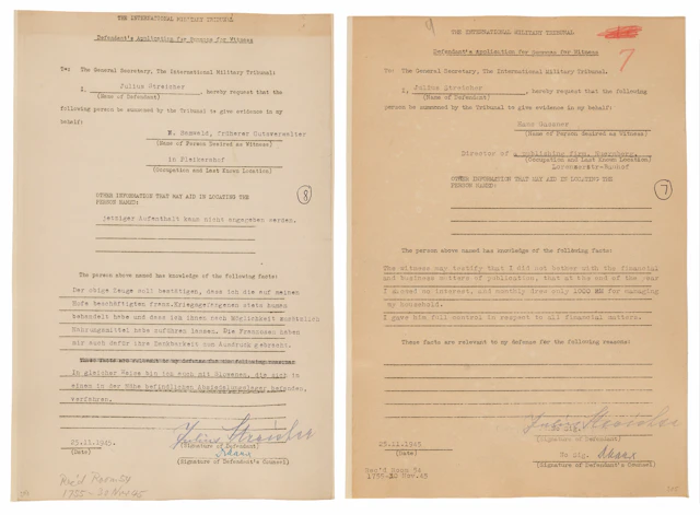 Julius Streicher (2) Documents Signed at Nuremberg, Claiming Humane