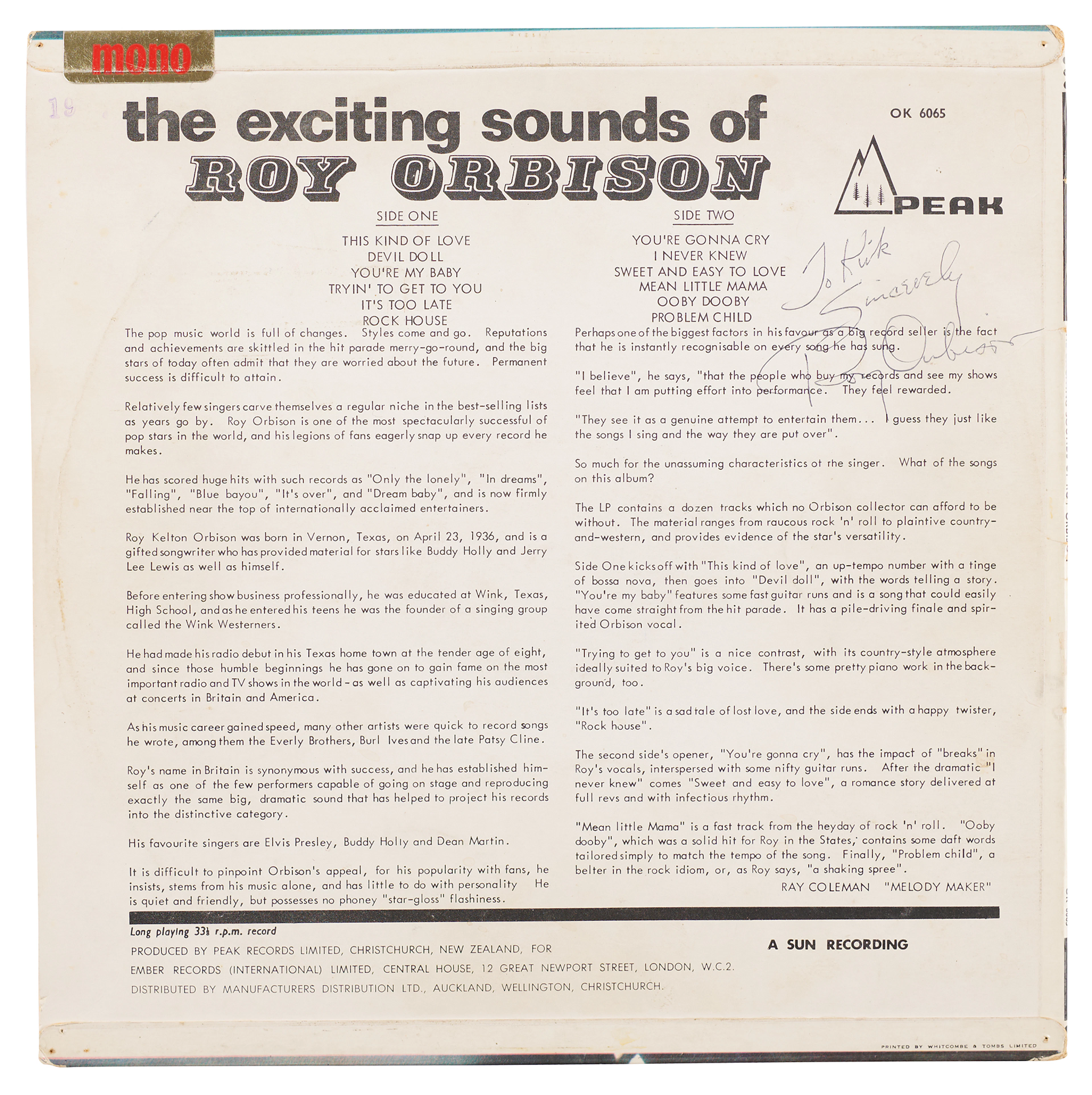 Roy Orbison Signed Album - The Exciting Sounds