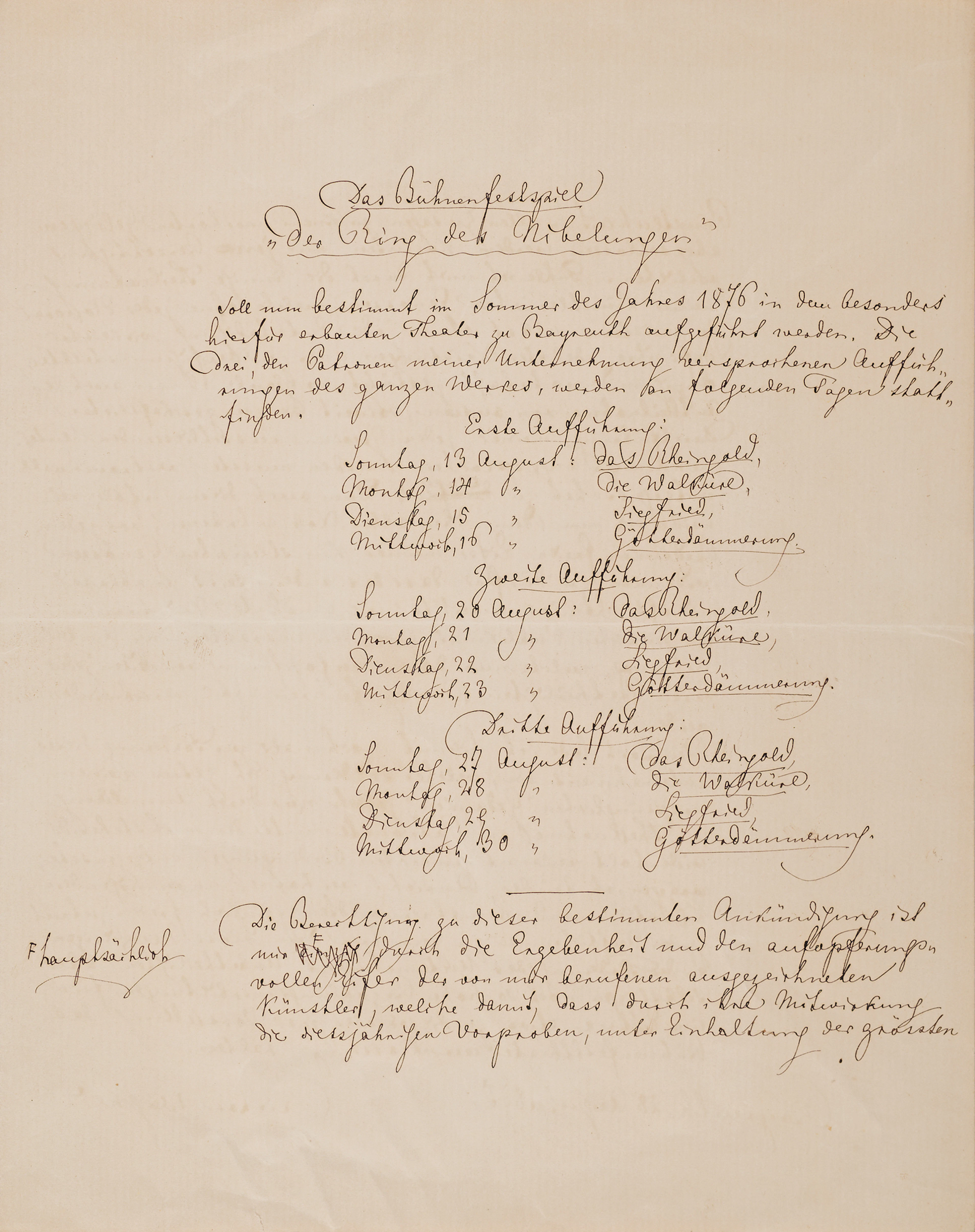 Richard Wagner Autograph Manuscript Signed, Announcing the Premiere
