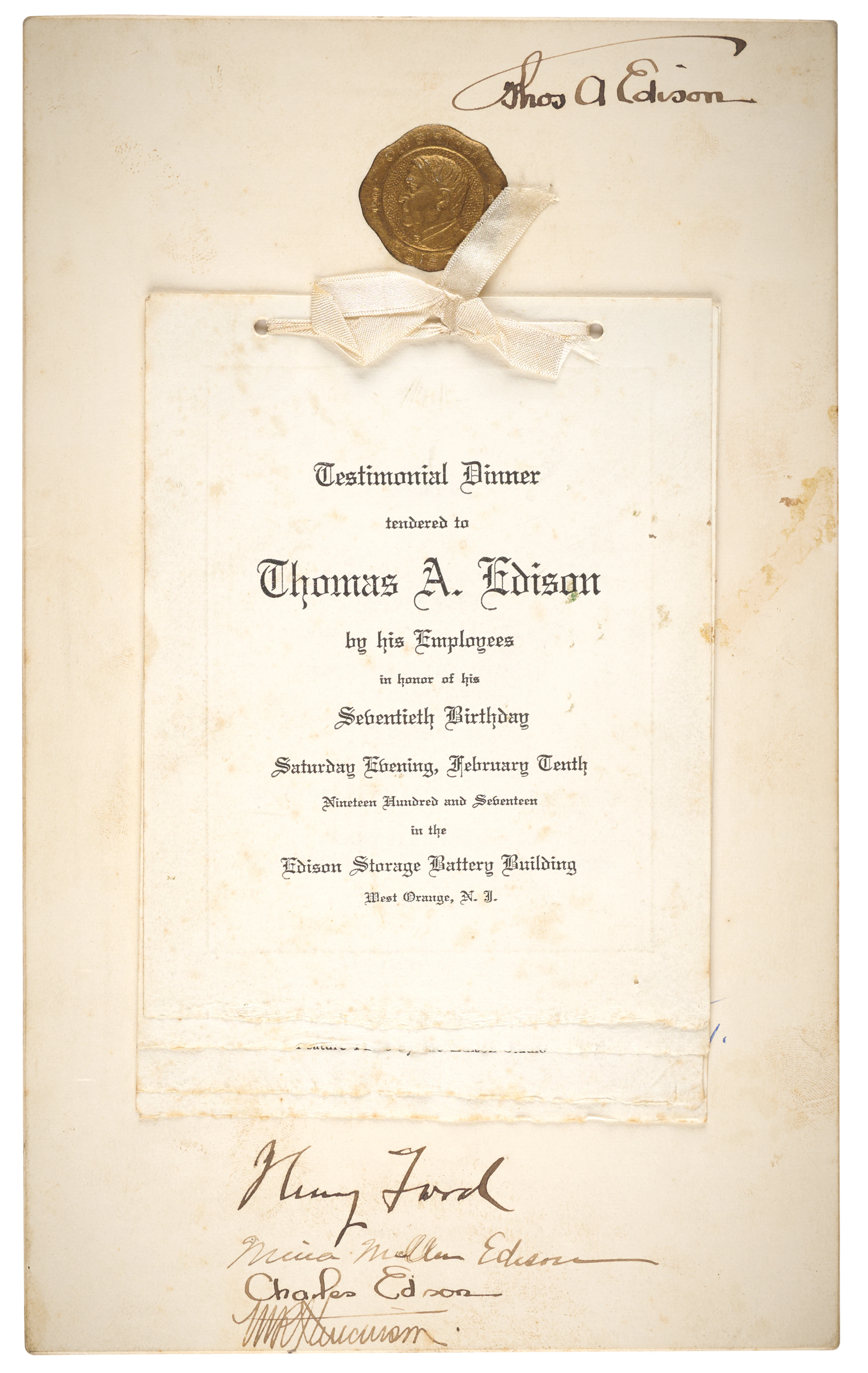 Thomas Edison and Henry Ford Signed Program from Edison's 70th Birthday